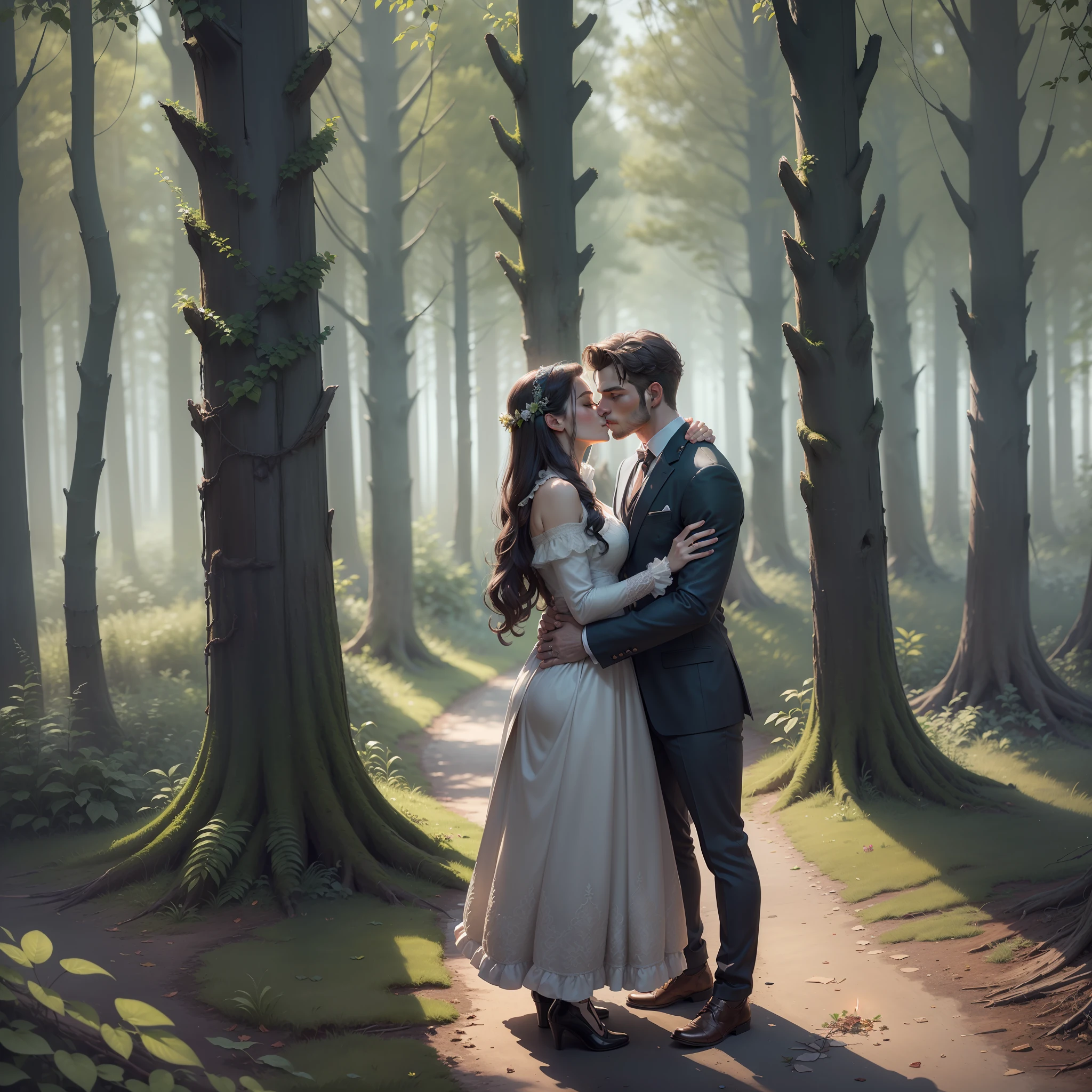 (best quality, masterpiece), ultra-detailed, CG unity 8k wallpaper, an extremely handsome man,(1man), a gorgeous witch,(1woman), sneaking away into the woods, showing their love for each other, in a romantic atmosphere, with soft light, background with trees, flowers, and candles, twilight, passionate kissing.