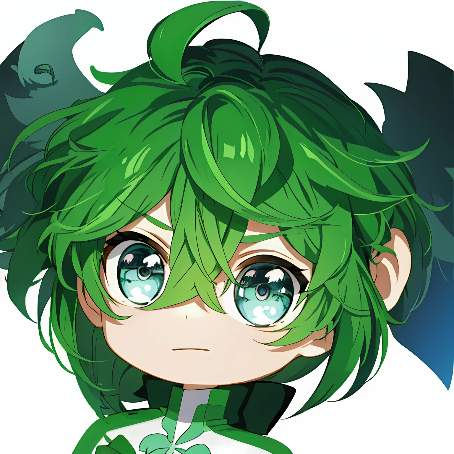 Avatar photo on white background,Cute cartoon boy,Green hair,The theme is also green,Has hair like a broccoli