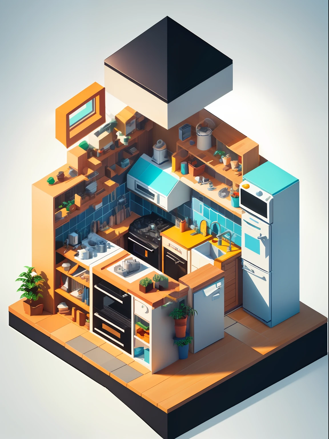 Close-up of kitchen with stove, sink, Oven and refrigerator, Isometric art, isometric illustration fun, isometric game art, stylized 3d render, isometric 8k, Isometric style, incredible isometric screenshot, isometric 2 d game art, isometric 3d render, isometric pixel art, isometric voxel art