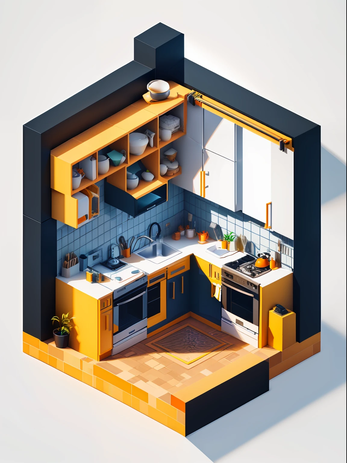 Close-up of kitchen with stove, sink, Oven and refrigerator, Isometric art, isometric illustration fun, isometric game art, stylized 3d render, isometric 8k, Isometric style, incredible isometric screenshot, isometric 2 d game art, isometric 3d render, isometric pixel art, isometric voxel art