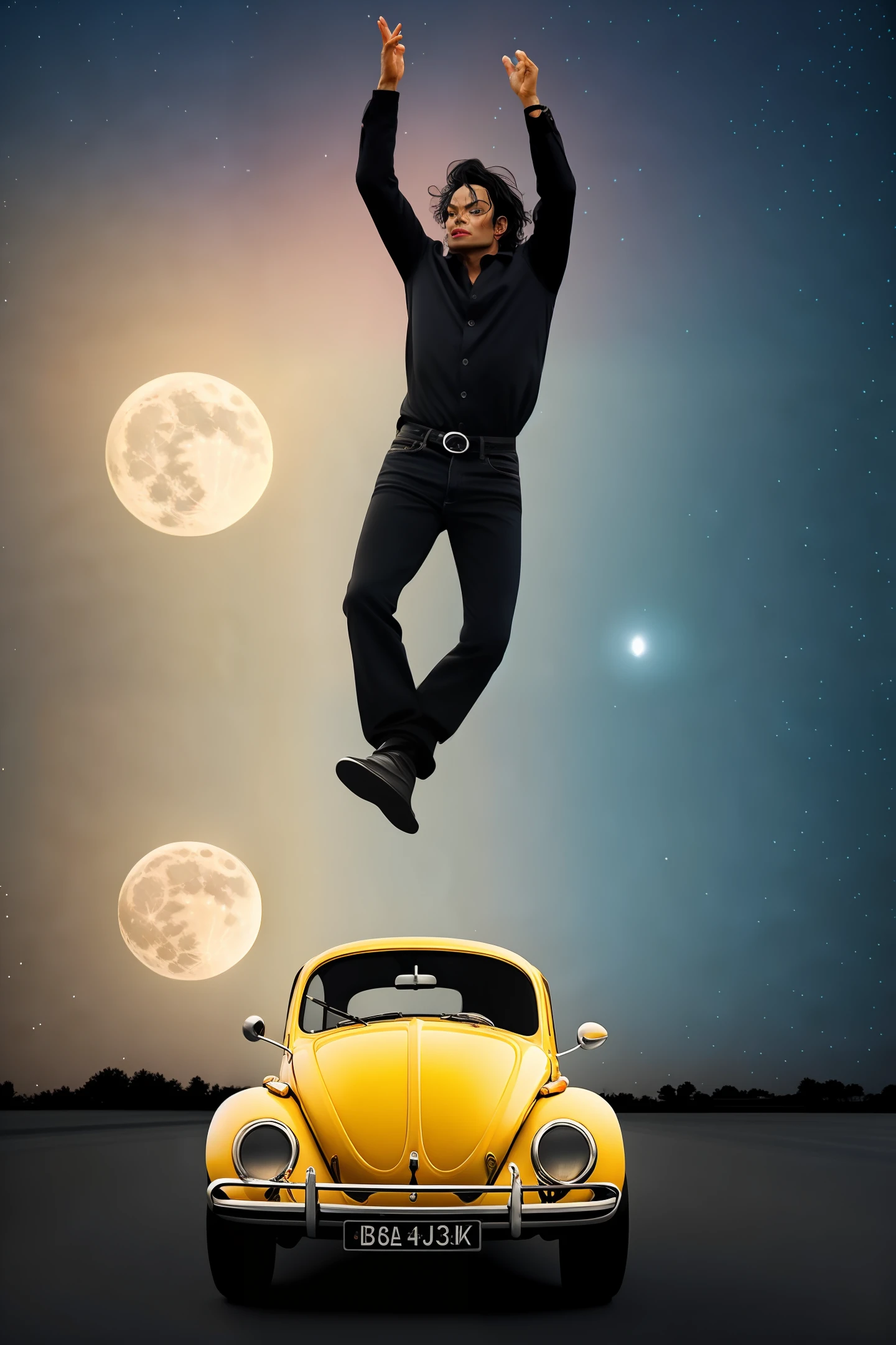 Michael Jackson dancing on top Beetle yellow metallic dark sky full moon well detailed masterpiece 8k intricate Fujifilm tx3 depth field hyper realistic photo award-winning dark lighting light cinematic style highly realistic and detailed well focused
