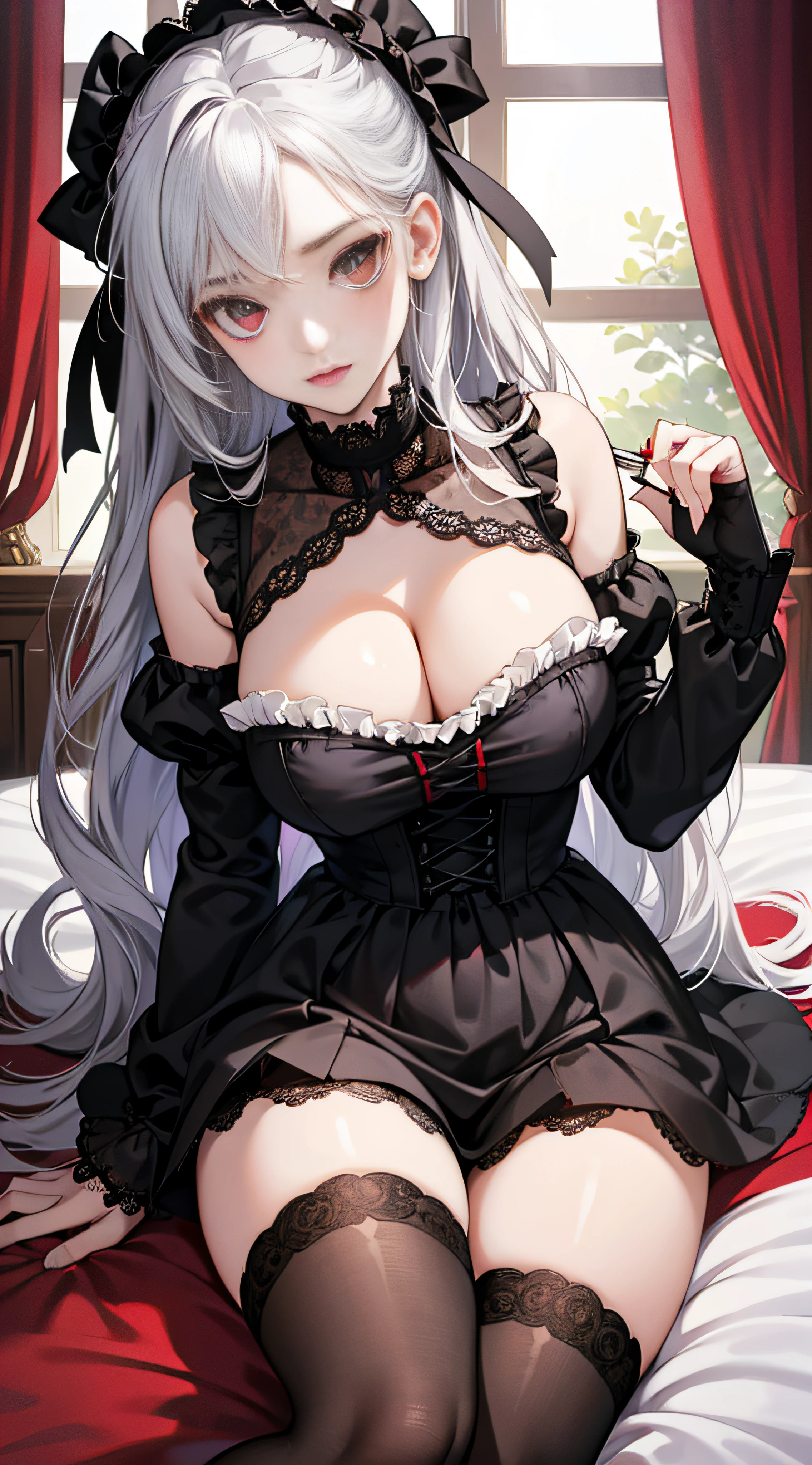 1girll，Vampires，silber hair，red color eyes，Big eyes，Lori huge breasts cleavage，toddlers，Black belly，Black and white Lolita，Lace white stockings，tmasterpiece，k hd --auto