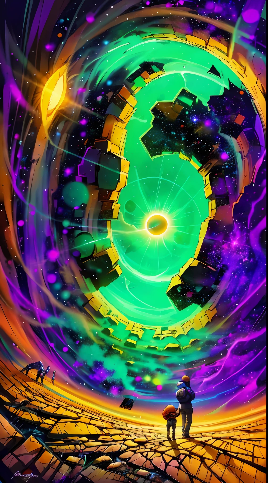 a man standing in front of a space portal with a view of the sun, cyril rolando and goro fujita, portal to another universe, inspired by Cyril Rolando, portal to another dimension, world seen only through a portal, high quality fantasy stock photo, portal to another world, portal to outer space, in style of cyril rolando, looking out into space