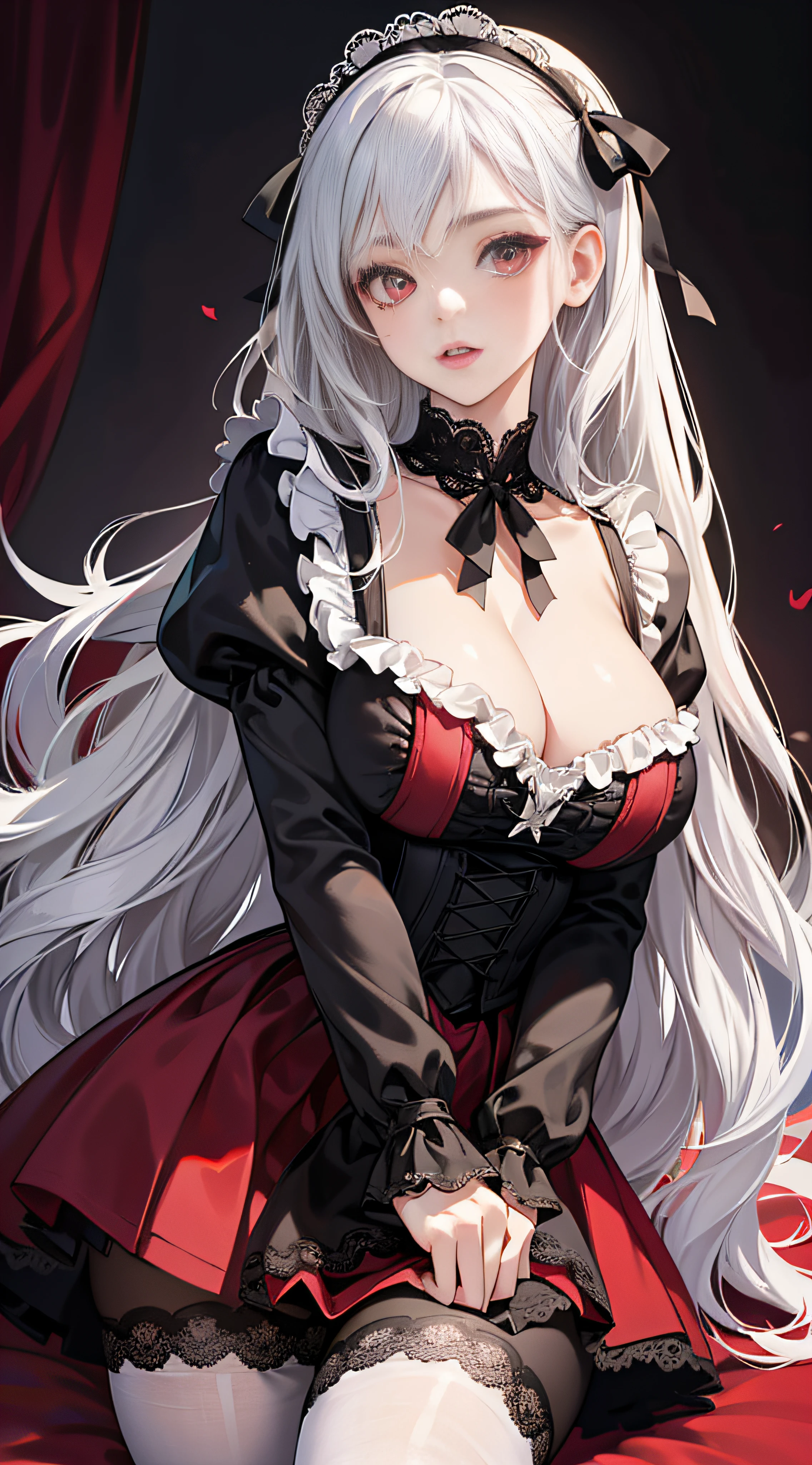1girll,Vampires,silber hair,red color eyes,Big eyes,Lori huge breasts cleavage,toddlers,Black belly,Black and white Lolita,Lace white stockings,tmasterpiece,k hd --auto