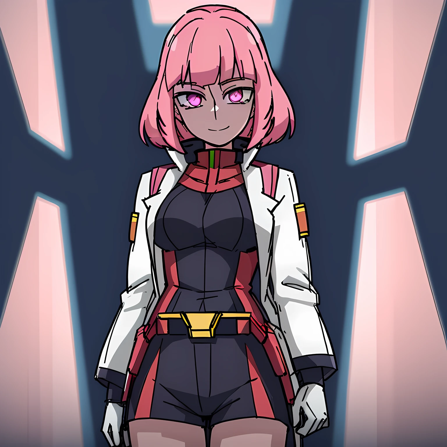 ((gundam, android, best quality, masterpiece, ultra-detailed, absurdress)) 1girl, (solo:1.4), armor, pink hair, (robot joints:0.5), mechanical parts, jacket, shorts, detailed facial features, beautiful glistening skin, looking at viewer, ((florescent eyes, pink eye, glowing eyes)) grin, smile, indoor, lighting, volumetric lighting, semi-realistic laboratory, masterpiece, highres, best quality, 6k,