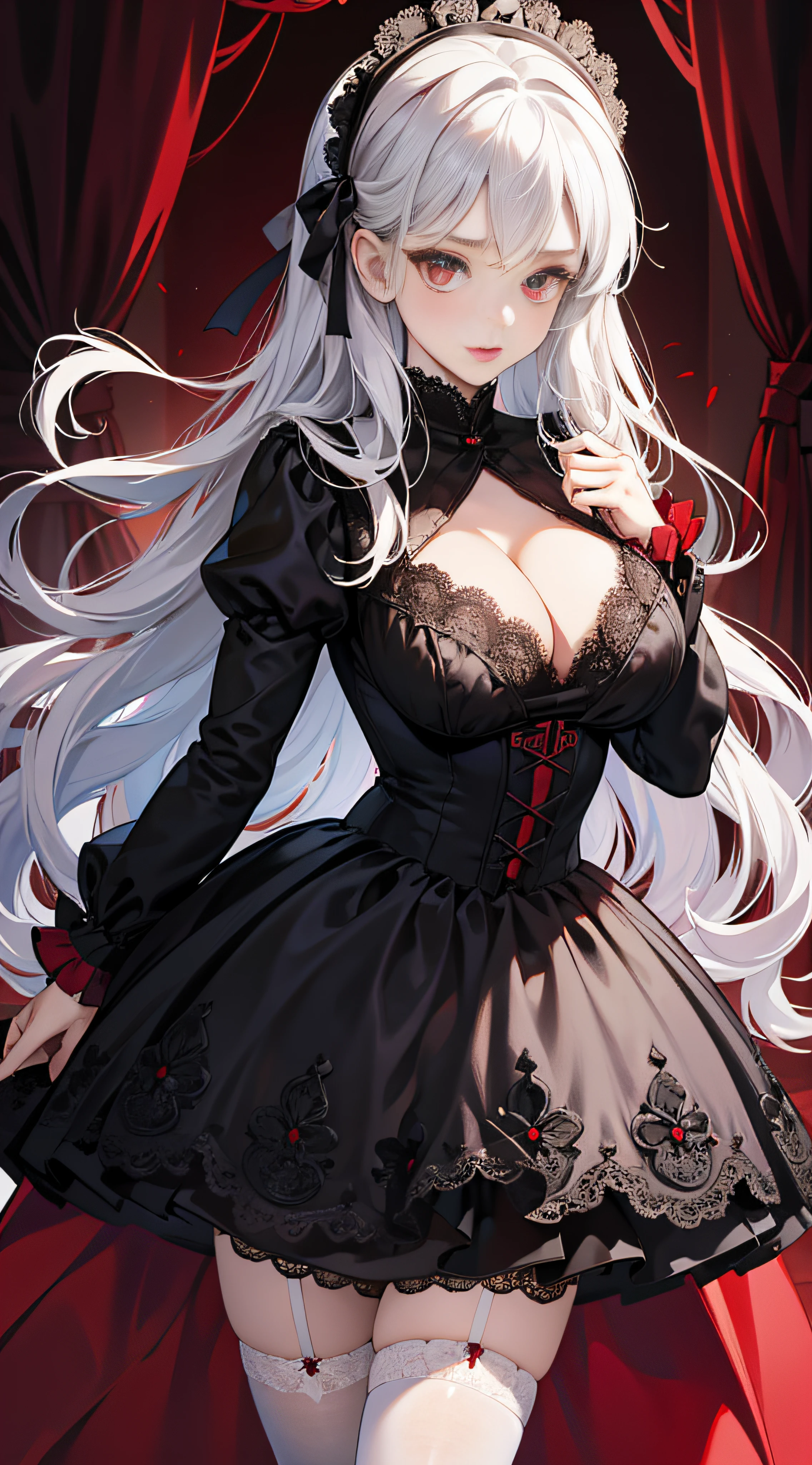 1girll，Vampires，silber hair，red color eyes，Big eyes，Lori huge breasts cleavage，toddlers，Black belly，Black and white Lolita，Lace white stockings，tmasterpiece，k hd --auto