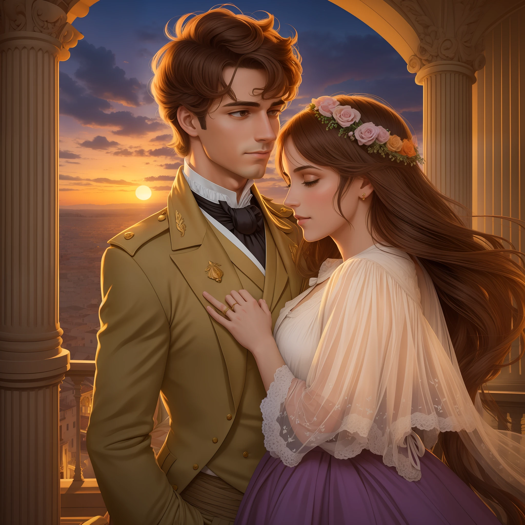 Prompt: Create an illustration of a period romance couple in the Regency period of the nineteenth century, on a balcony at sunset. The woman has loose brown hair and is wearing an elegant light and airy orange dress. The man is dressed in a formal military uniform of the time, com uma capa nos ombros. They're embraced, enjoying the view of the golden sunset, com os raios de luz iluminando o ambiente e seu amor. The balcony has a classic architecture, com colunas ornamentadas e trepadeiras enfeitando a estrutura. The sky is painted in warm shades of orange, rosa e violeta, reflecting the romantic colors of the sunset. A cena transmite uma atmosfera de serenidade, romance and nostalgia for the Regency period of the nineteenth century.