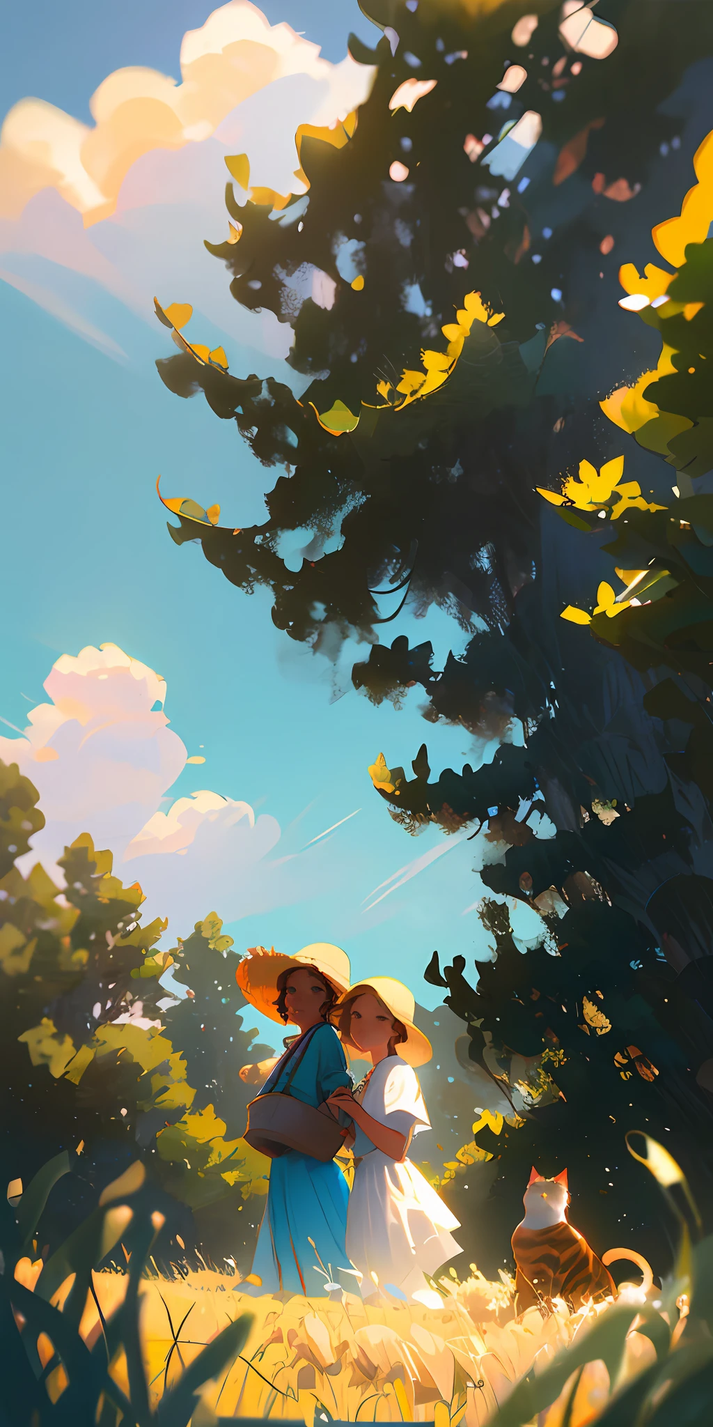 Campo de trigo, Two women, both brunettes with curly hair, looking at each other with straw hats standing in a wheat field and two cats near them;, grandes nuvens, blue skies, Campo de arroz, mudas de arroz puro no campo, floresta, encosta, isolado, rural, detalhe HD, hiper-detalhe, cinemactic, surrealismo, luz suave, Foco de Campo Profundo de Bokeh, ray tracing e surrealismo. --v6