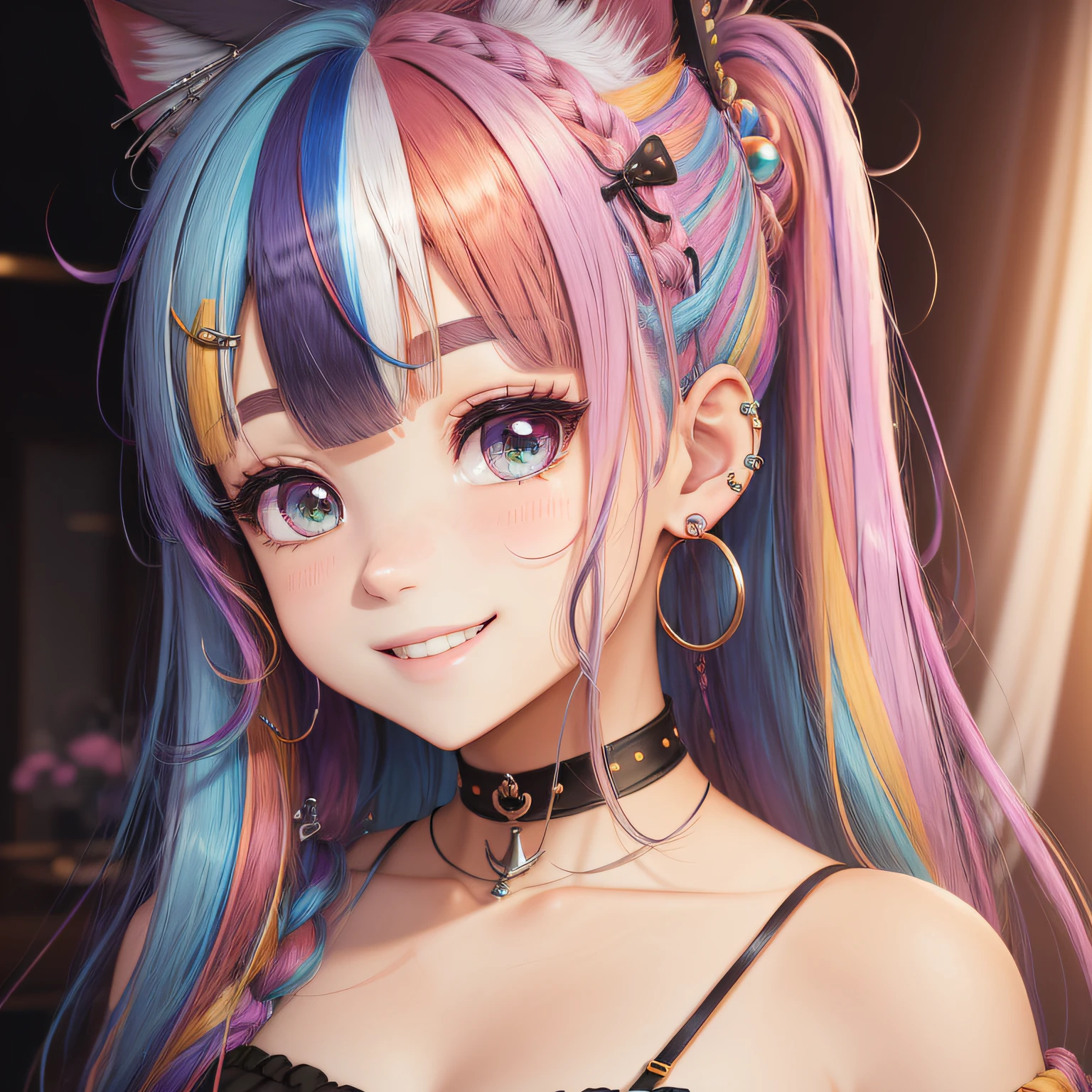multicolored hair, hairpin, hair bobbles, anchor choker, earrings, smile, grin, bright pupils, ahoge, parted bangs, hair over shoulder, hair over shoulder, hairpin, hairclip, hair ribbon, hair bobbles, aqua eyes, cat ears, smile, grin, parted lips, shy, modern, Realism, ray tracing, 8k, super detail, ccurate, best quality, masterpiece --auto