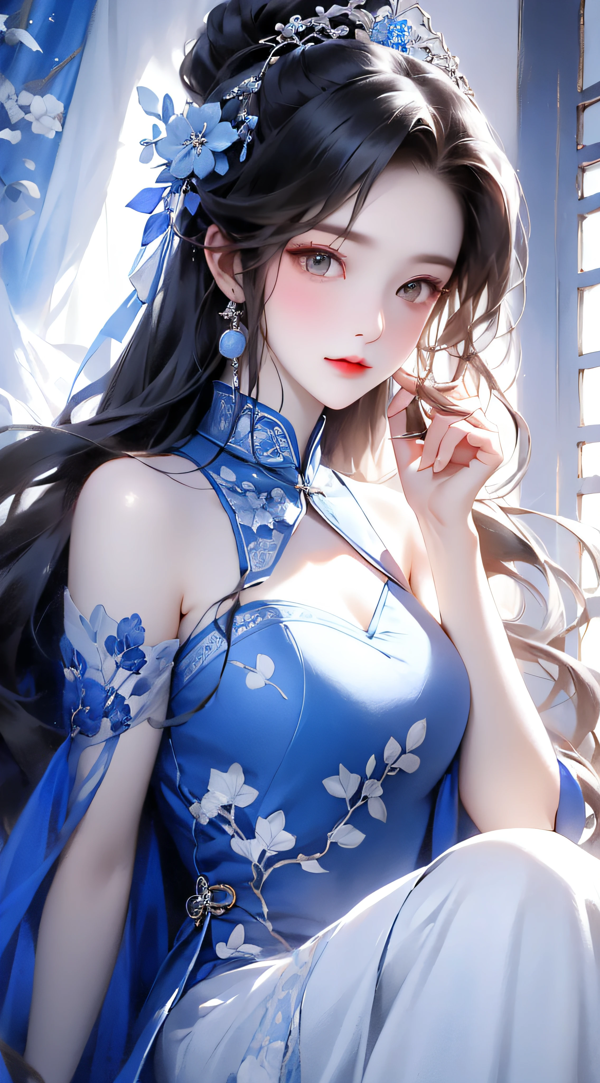 tmasterpiece，best qualtiy，8K，primitive：1.2，realisticlying：1.4，Grotesque，1 Role，Solo，ff Tifa，Most detailed，opens his eyes wide：1.3，eyes reflection：1.5，eyes with brightness：1.5，White skin，（Chinese cheongsam with blue and flowers，Side splits，lace-up，Chinese tiara，Blue and white porcelain），Plum print，Slim，Thin leg，Moon，Updraft，rays of moonlight，Beautiful ancient Chinese architecture，Chinese style