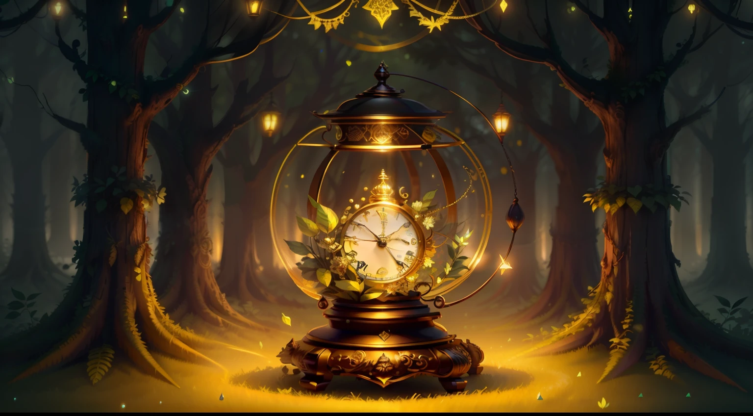 Photo of a large hand holding an antique gold watch, monstro, magia-fantasia-floresta, arte digital, most amazing art in the world, ((sem humanos)), Light Volumetric, cores suaves equilibradas, forest scenario, videiras, uhd, render de octanas 8k, magica, Awesome, ethereal, intrincado, design intrincado, ultra sharp, sombras, cores mais frias, trend in CGSociety, olhos brilhantes, ((melhor qualidade)), ((obra-prima)), (detalhado), antique clock