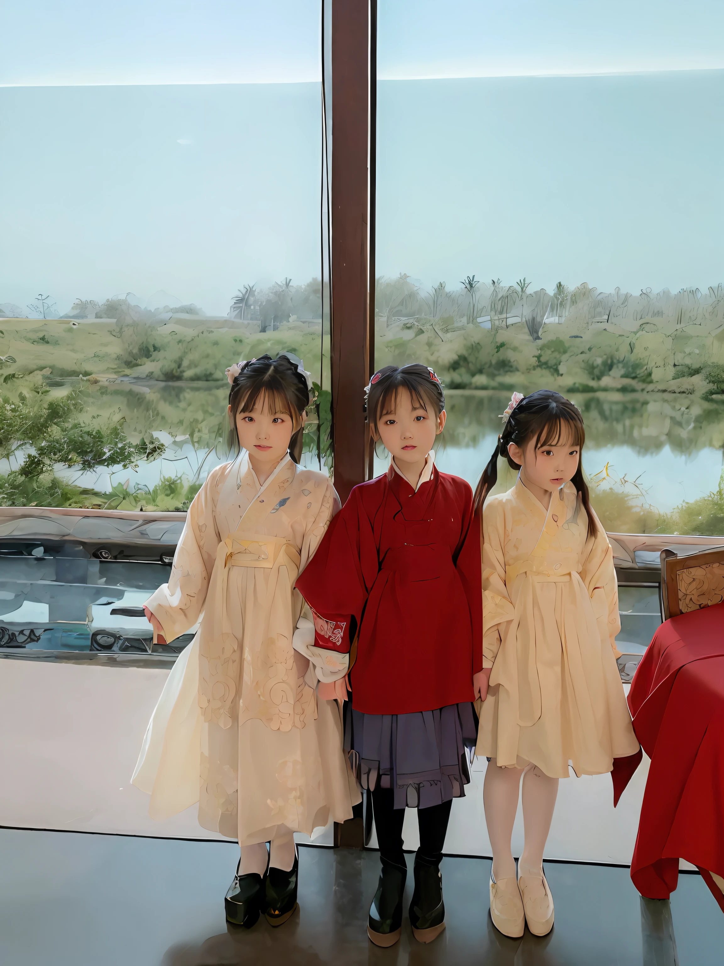 (((masterpiece))), best quality, ultra-detailed, extremely detailed,Antique painting style,Chinese childlike fun,Three cute little girls side by side,Three sisters photo,Children and teenagers shoot together,Wearing ancient Chinese clothes,It's like a time-space tunnel coming to life,Let people feel the beauty of China a hundred years ago。 --auto