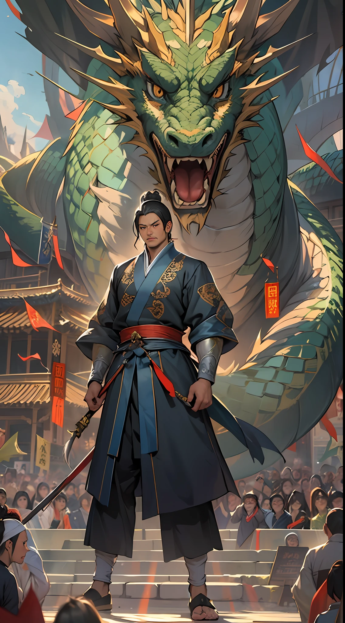 A tall man stood in the square of Dragon Kingdom, exuding a powerful aura. He arrogantly lifted his foot and stepped on Yuan Jie, showcasing his unparalleled strength. The entire square trembled, and the audience was amazed, greatly appreciating Li Gu's display of immense power. , 32k, best quality, masterpiece, super detail, high details,