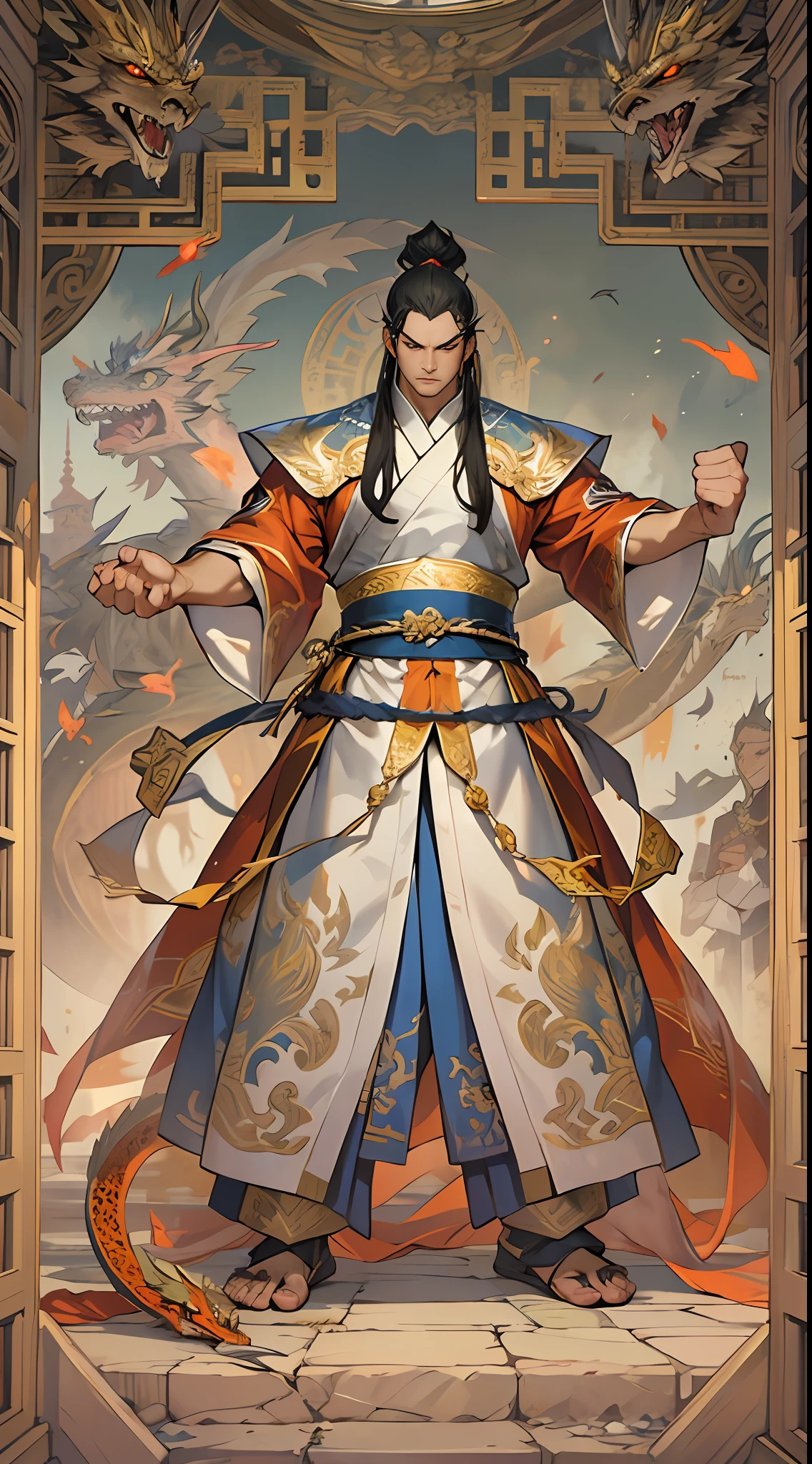 A tall man stood in the square of Dragon Kingdom, exuding a powerful aura. He arrogantly lifted his foot and stepped on Yuan Jie, showcasing his unparalleled strength. The entire square trembled, and the audience was amazed, greatly appreciating Li Gu's display of immense power. , 32k, best quality, masterpiece, super detail, high details,