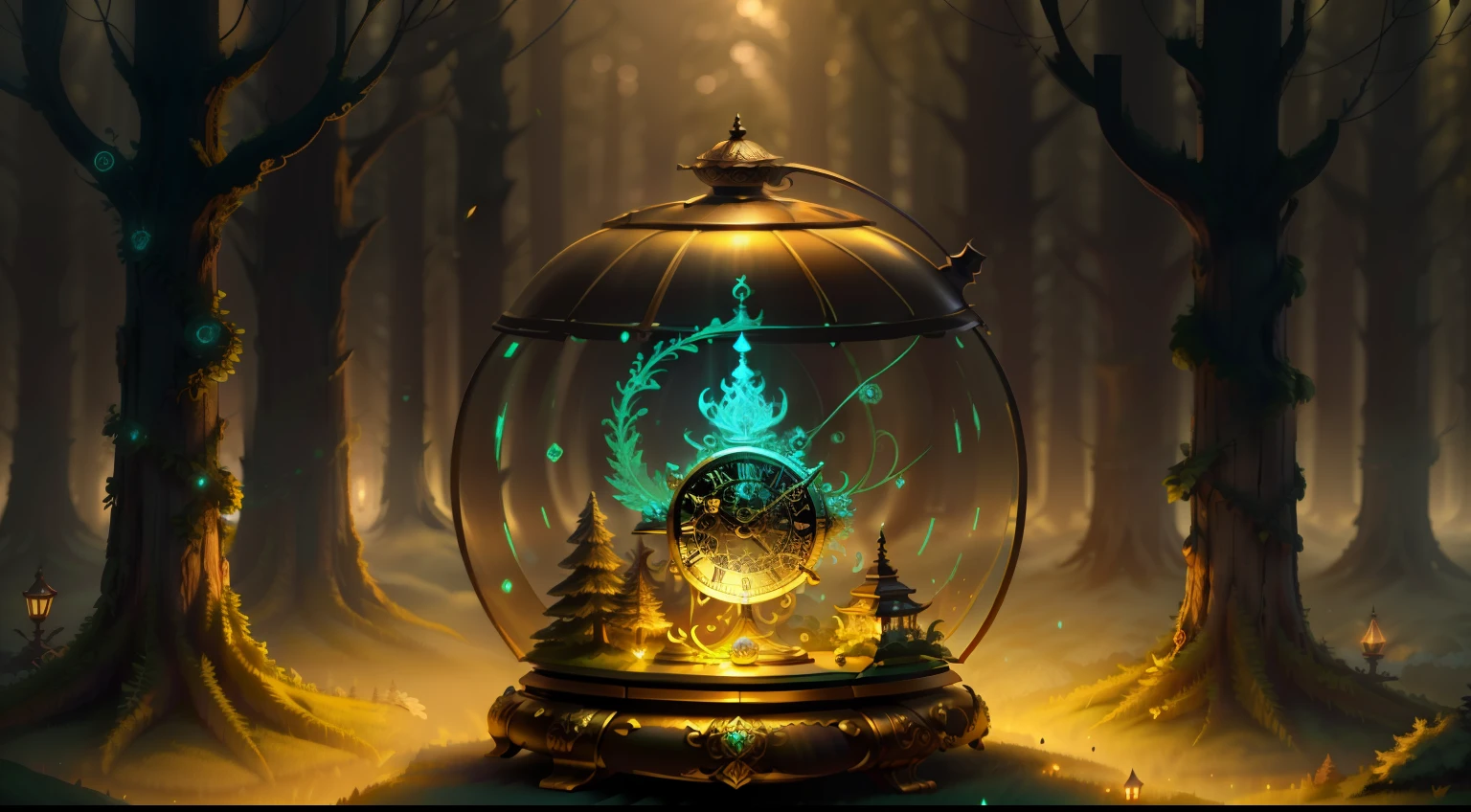 Photo of a large hand holding an antique gold watch, monstro, magia-fantasia-floresta, arte digital, most amazing art in the world, ((sem humanos)), Light Volumetric, cores suaves equilibradas, forest scenario, videiras, uhd, render de octanas 8k, magica, Awesome, ethereal, intrincado, design intrincado, ultra sharp, sombras, cores mais frias, trend in CGSociety, olhos brilhantes, ((melhor qualidade)), ((obra-prima)), (detalhado), antique clock