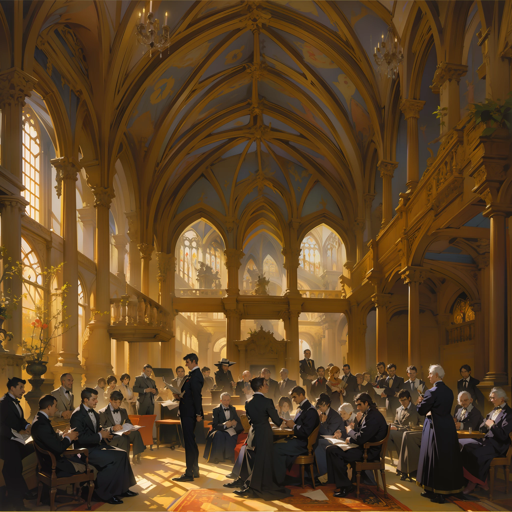 draw a music hall, mages in modern suits, men and women, students, professor, choir, victorian architecture, gothic architecture, atrium, morning light, high quality, detailed, strong contrasting colors, albert bierstadt
