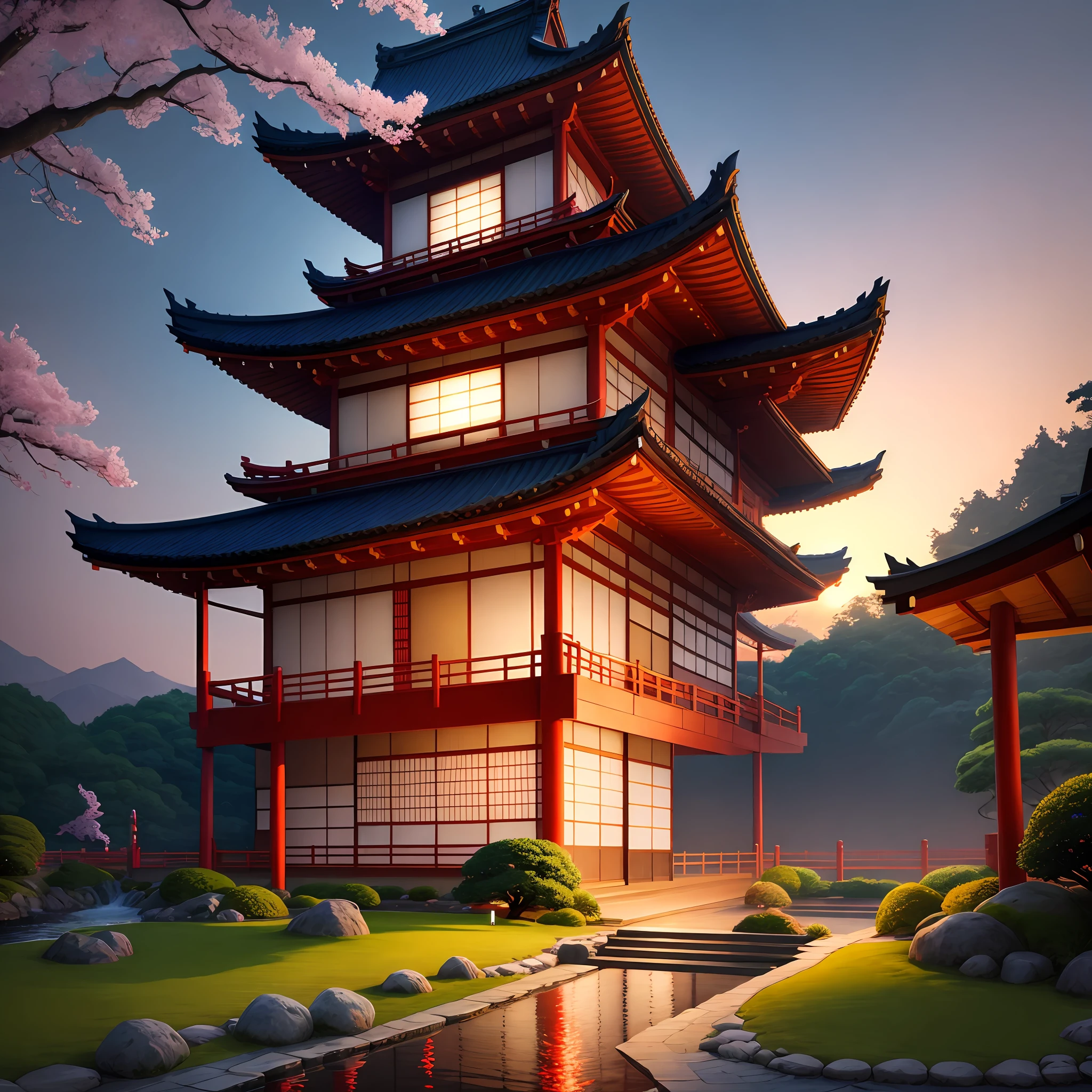 （digitial painting），（best qualtiy），Peaceful Japanese garden，cherry blossom in full bloom，Koi pond，Pedestrian bridges，pagoda，Ukiyo-e art style，Katsushika Hokusai inspiration，Deviant Art popular，8K hyper-realism，Pastel color scheme，gentle illumination, prime time, peacefulatmosphere, Transverse，the setting sun