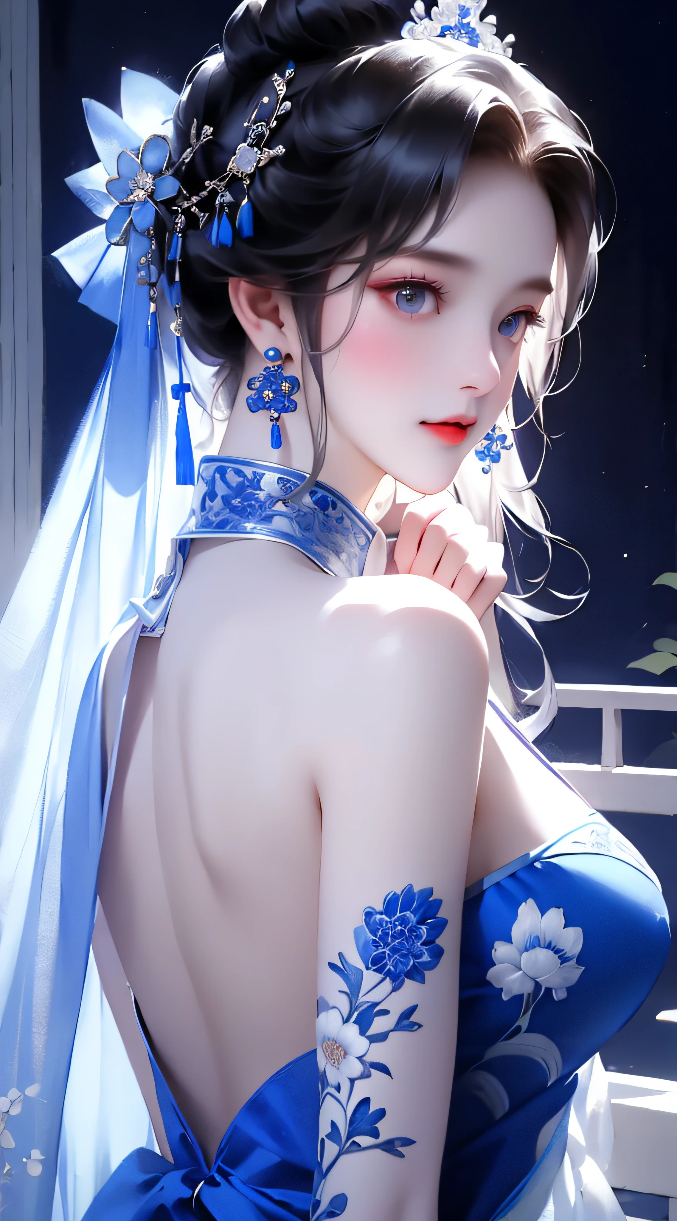 tmasterpiece，best qualtiy，8K，primitive：1.2，realisticlying：1.4，Grotesque，1 Role，Solo，ff Tifa，Most detailed，opens his eyes wide：1.3，eyes reflection：1.5，eyes with brightness：1.5，White skin，（Chinese cheongsam with blue and flowers，Side splits，lace-up，Chinese tiara，Blue and white porcelain），Plum print，Slim，Thin leg，Moon，Updraft，rays of moonlight，Beautiful ancient Chinese architecture，Chinese style，（back）