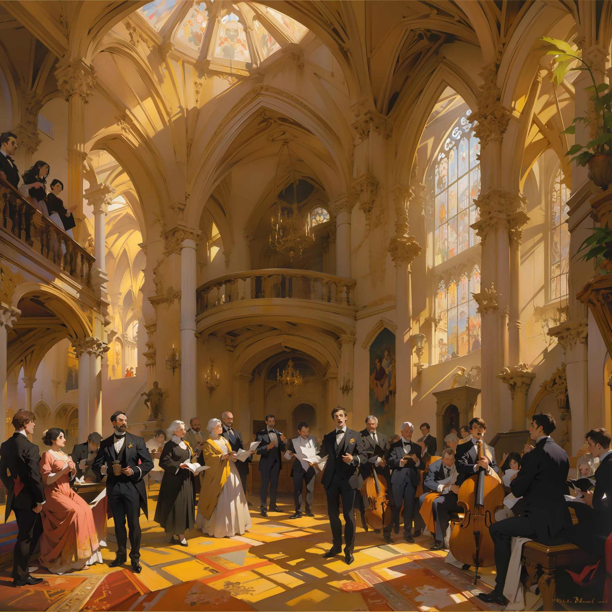draw a music hall, mages in modern suits, men and women, students, professor, choir, victorian architecture, gothic architecture, atrium, morning light, high quality, detailed, strong contrasting colors, albert bierstadt