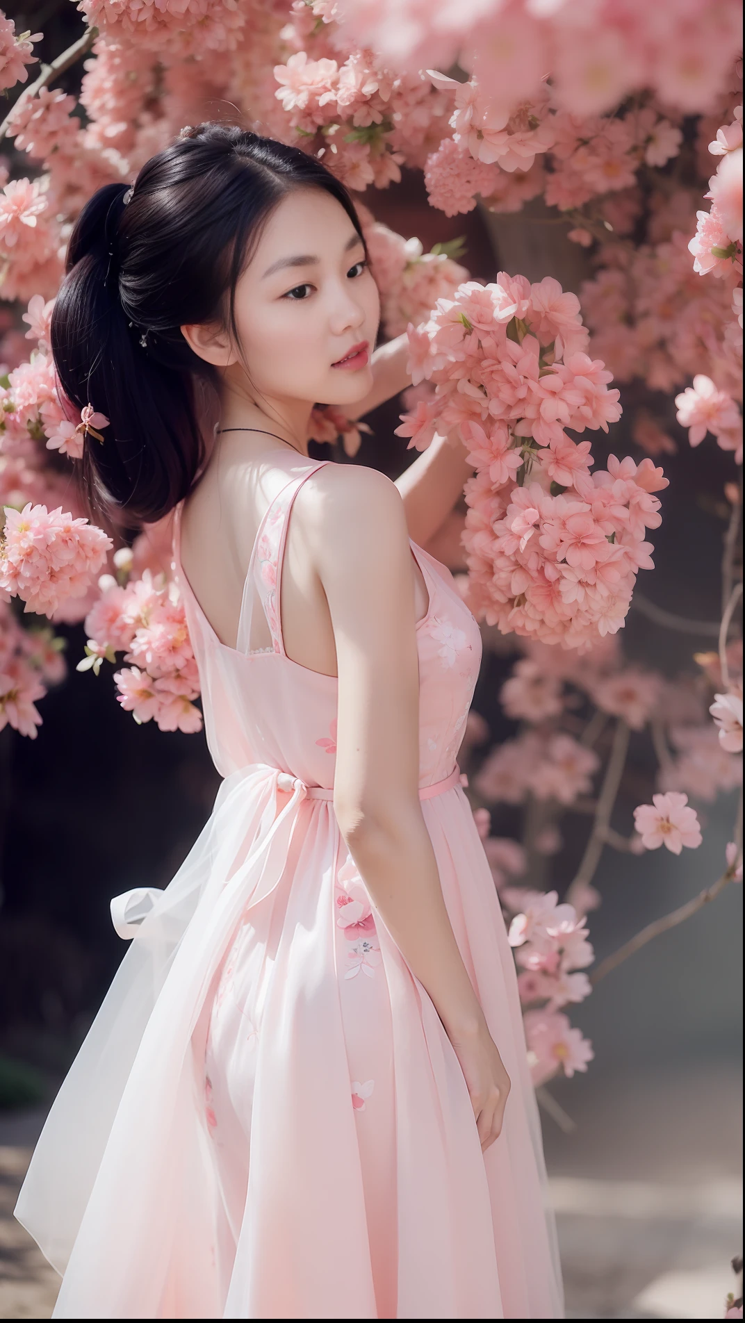 There was a woman in a pink dress standing in front of a tree, in pink forest, wearing a pink dress, mai anh tran, Girl in flowers, Wearing a pink dress, wearing pink floral gown, shaxi, Pink girl, With flowers, Middle metaverse, Asian girl, Beautiful Asian girl, Chinese girl, Beautiful image