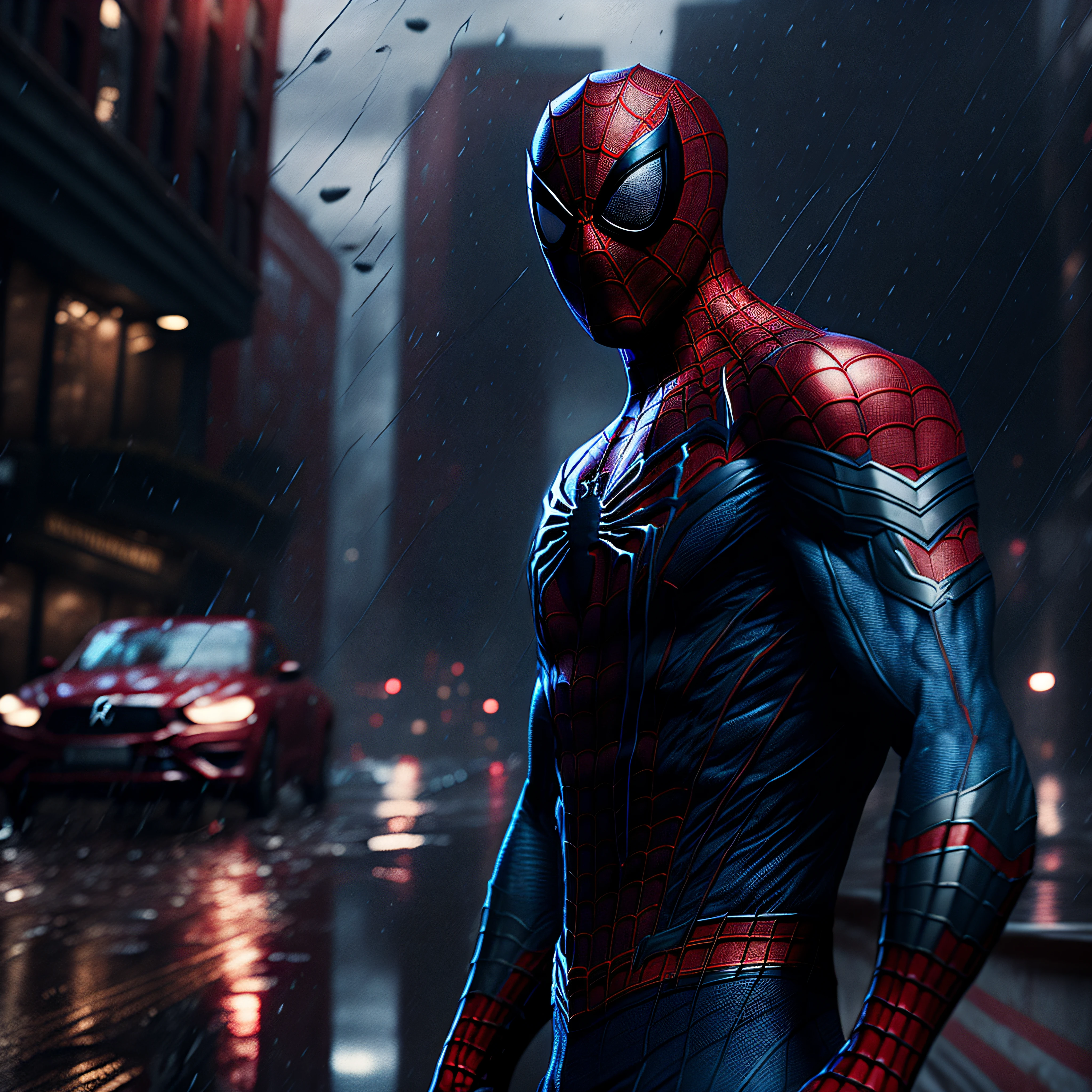 photo of Spider-Man from Marvel standing outside the city 17, rainy, rtx, octane, unreal