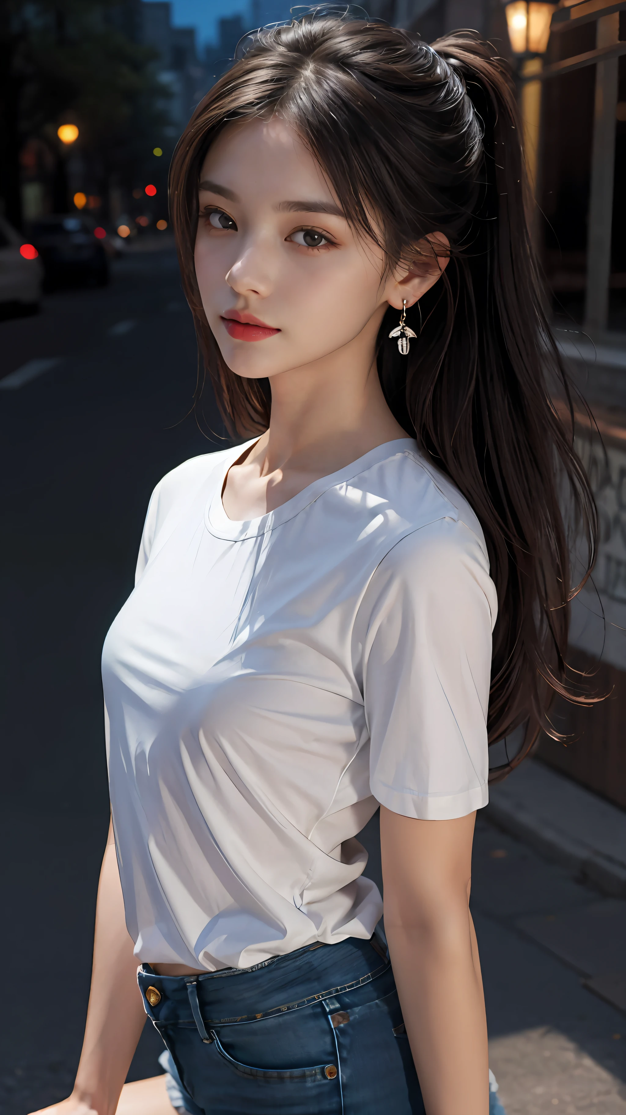 Best Quality, Masterpiece, Ultra High Resolution, (Realistic: 1.4), Original Photo, (Evening Street), 1 Girl, Black Eyes, Looking at the Viewer, Long Hair, Light Makeup, Lips, Small Ears, White T-Shirt, Denim Shorts, Earrings, Slim