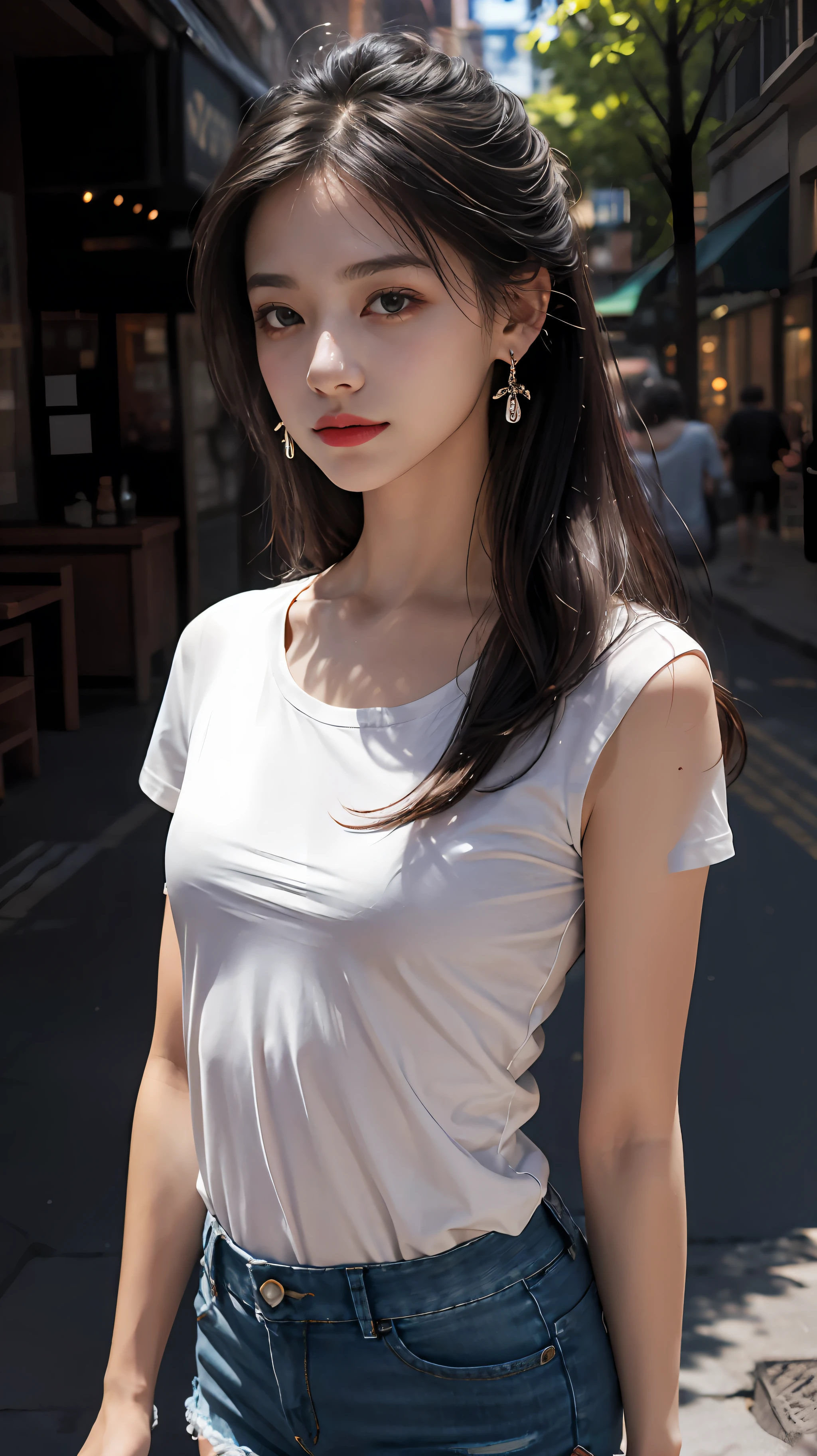 Best Quality, Masterpiece, Ultra High Resolution, (Realistic: 1.4), Original Photo, (Evening Street), 1 Girl, Black Eyes, Looking at the Viewer, Long Hair, Light Makeup, Lips, Small Ears, White T-Shirt, Denim Shorts, Earrings, Slim