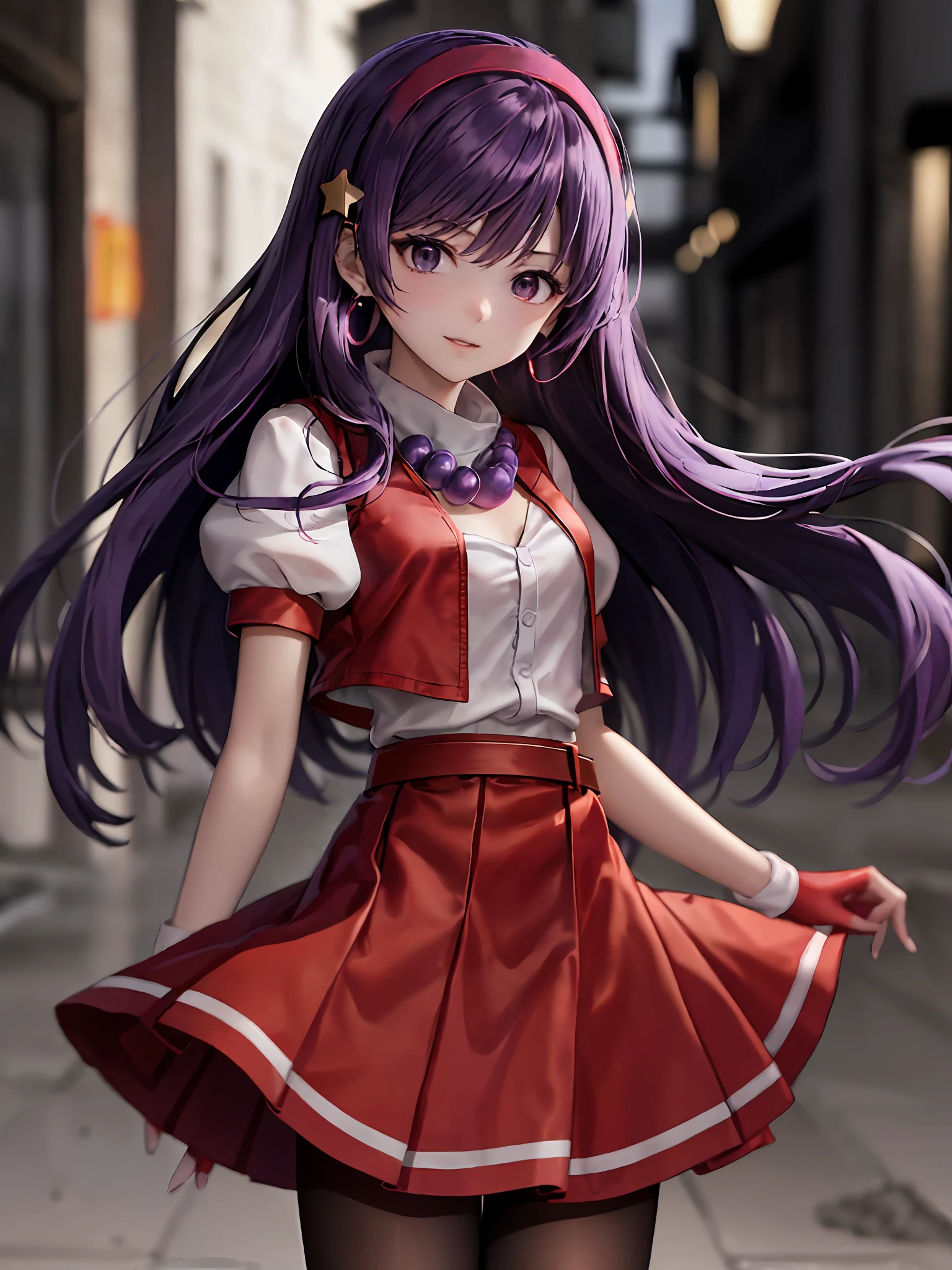 A woman in a red and white dress is standing on a sidewalk - SeaArt AI