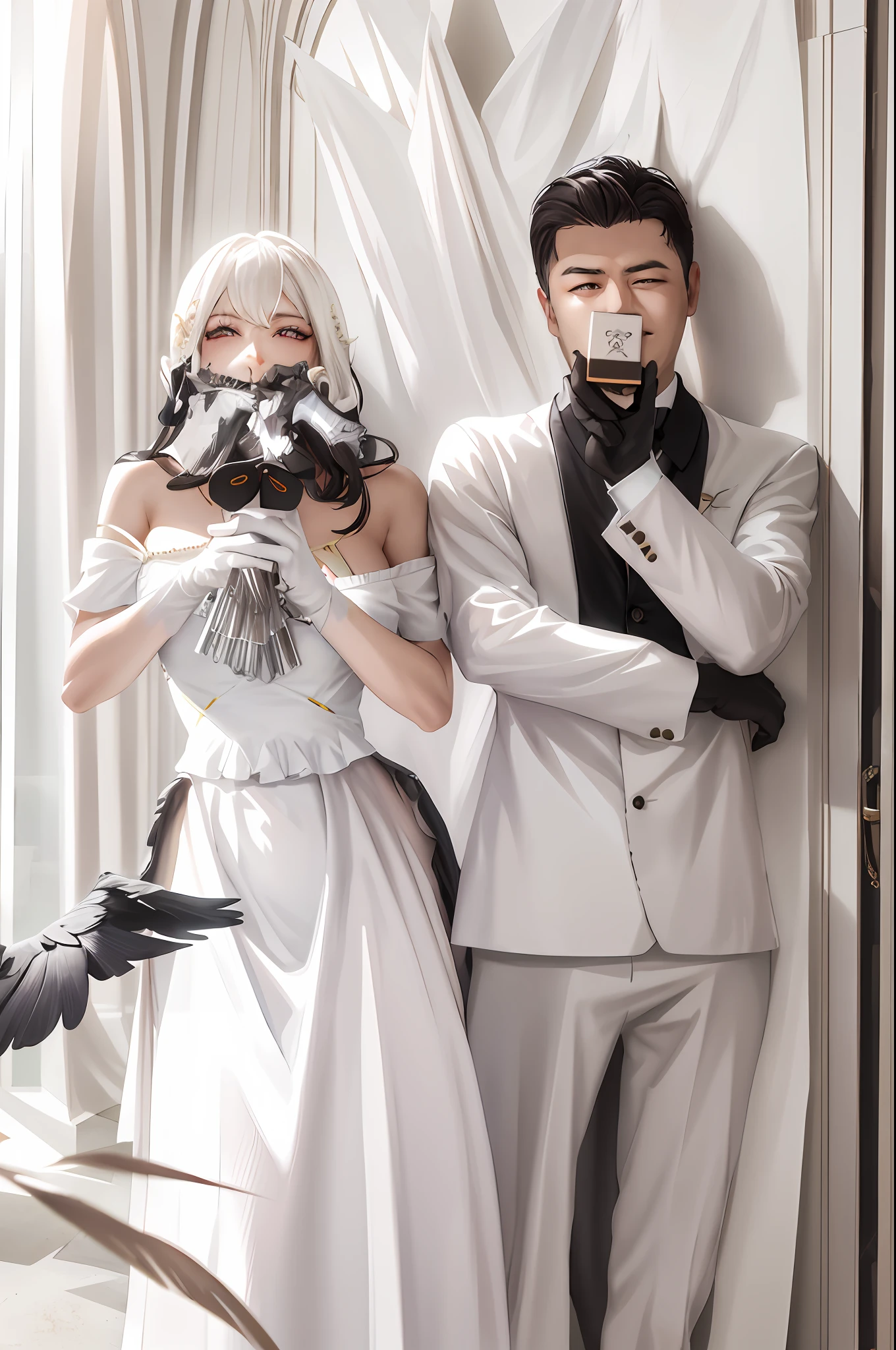 tmasterpiece, best qualtiy, A high resolution, Aluminum 1, devil horns, Pupil of the slit, White gloves, White dress, bare shoulders, Detachable collar, fission, Black wings, Feathered wings, Low wing, The cowboy was shot, station, loss, Evil smile, reaching out, arms out, arms out,