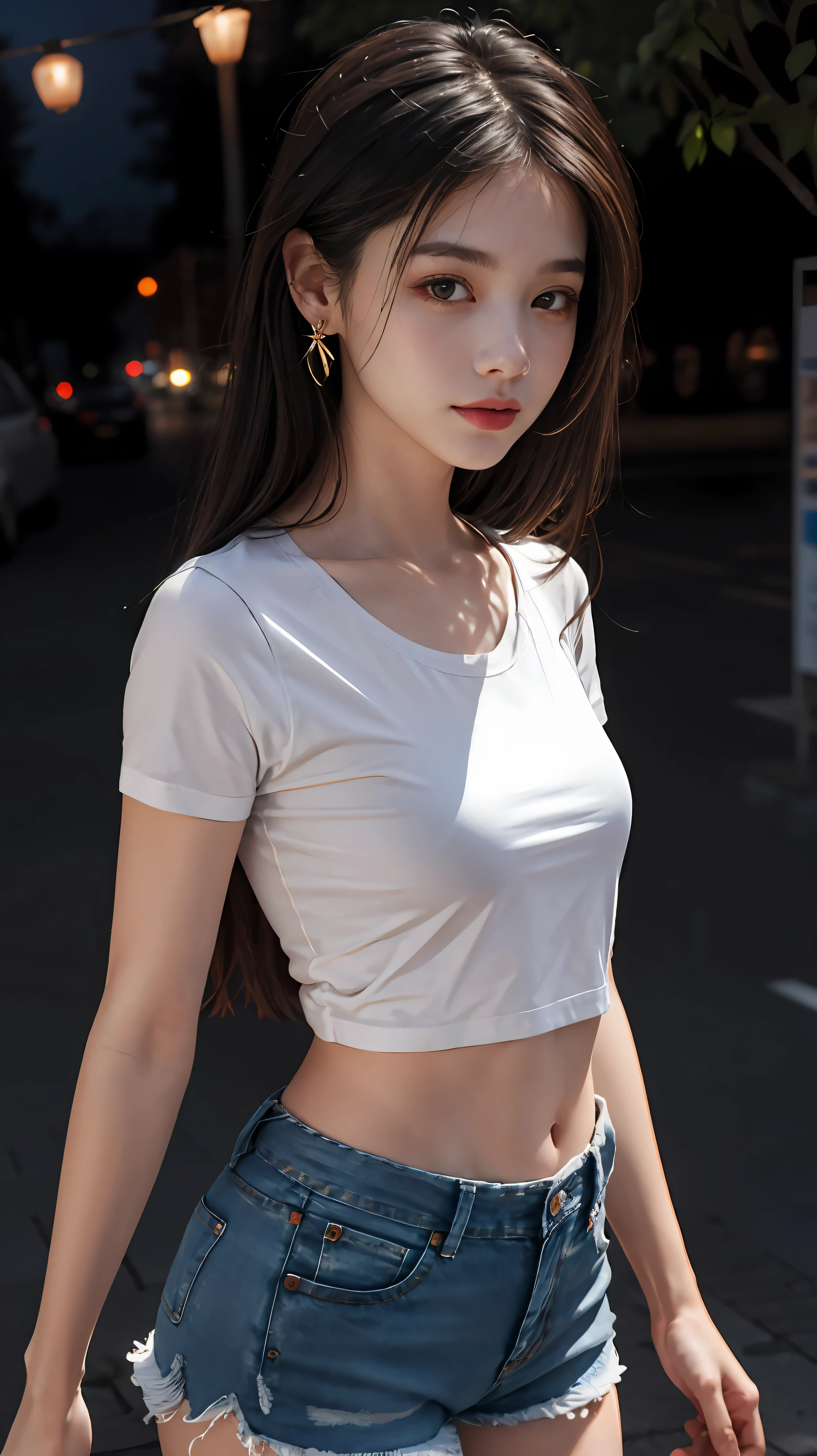 Best Quality, Masterpiece, Ultra High Resolution, (Realistic: 1.4), Original Photo, (Evening Street), 1 Girl, Black Eyes, Looking at the Viewer, Long Hair, Light Makeup, Lips, Small Ears, White T-Shirt, Denim Shorts, Earrings, Slim