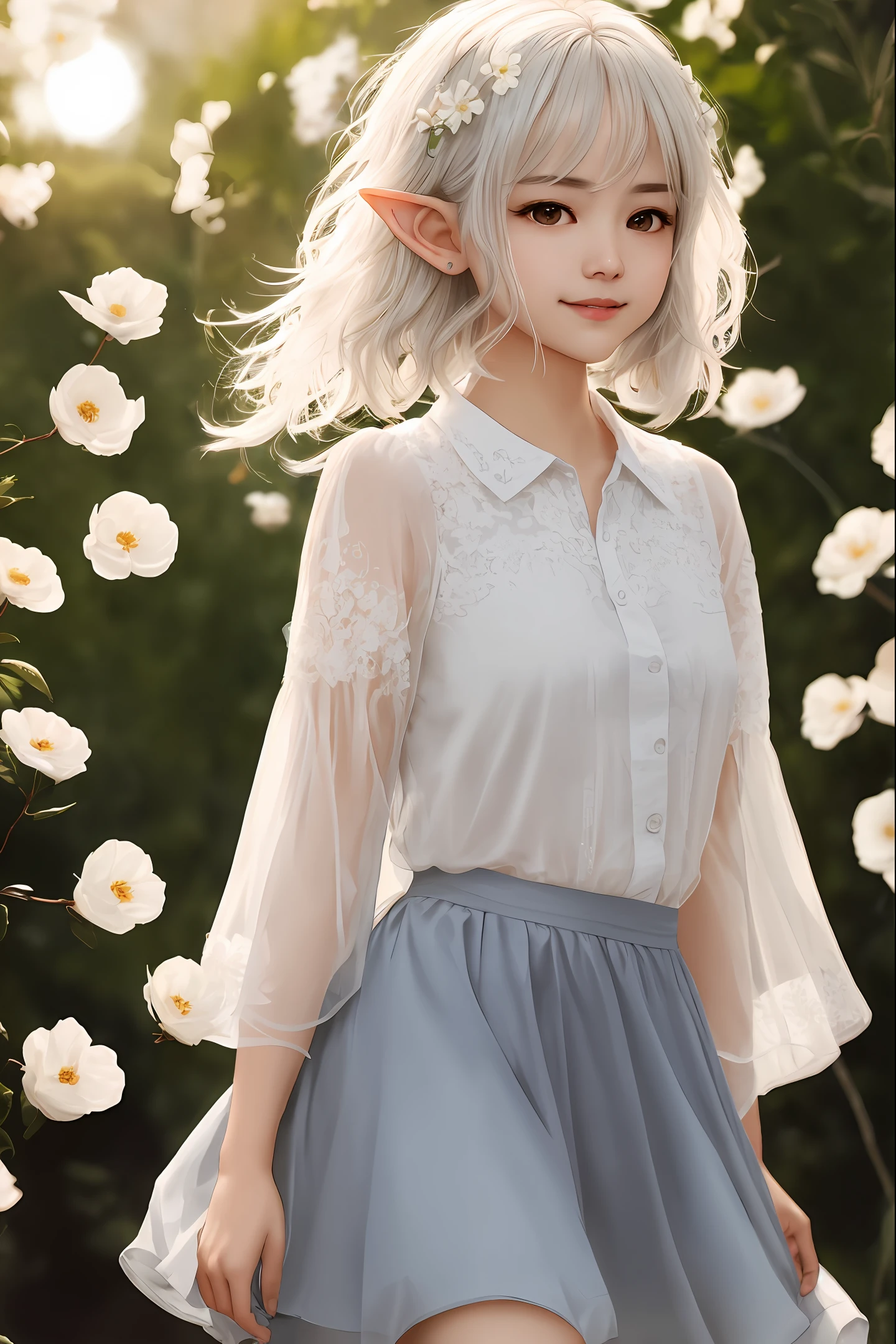 (1) Description of picture quality details:Highest image quality,tmasterpiece,Beautiful CG ,high light,natural soft light,Hyper-realistic,Cinematic lighting texture.
(2) Description of the character's physical characteristics:s girl,with short white hair,elvish ears,transparent wings,watery big eyes.
(3) Description of the number of characters:1 bit.
(4) Description of the appearance of the character:clothings、Other element descriptions such as behavior:Delicate and intricate hair accessories,Short knee-length skirt,on back,Turn your head and smile.
(5) Scene background description:Withering white petals,Beautiful.