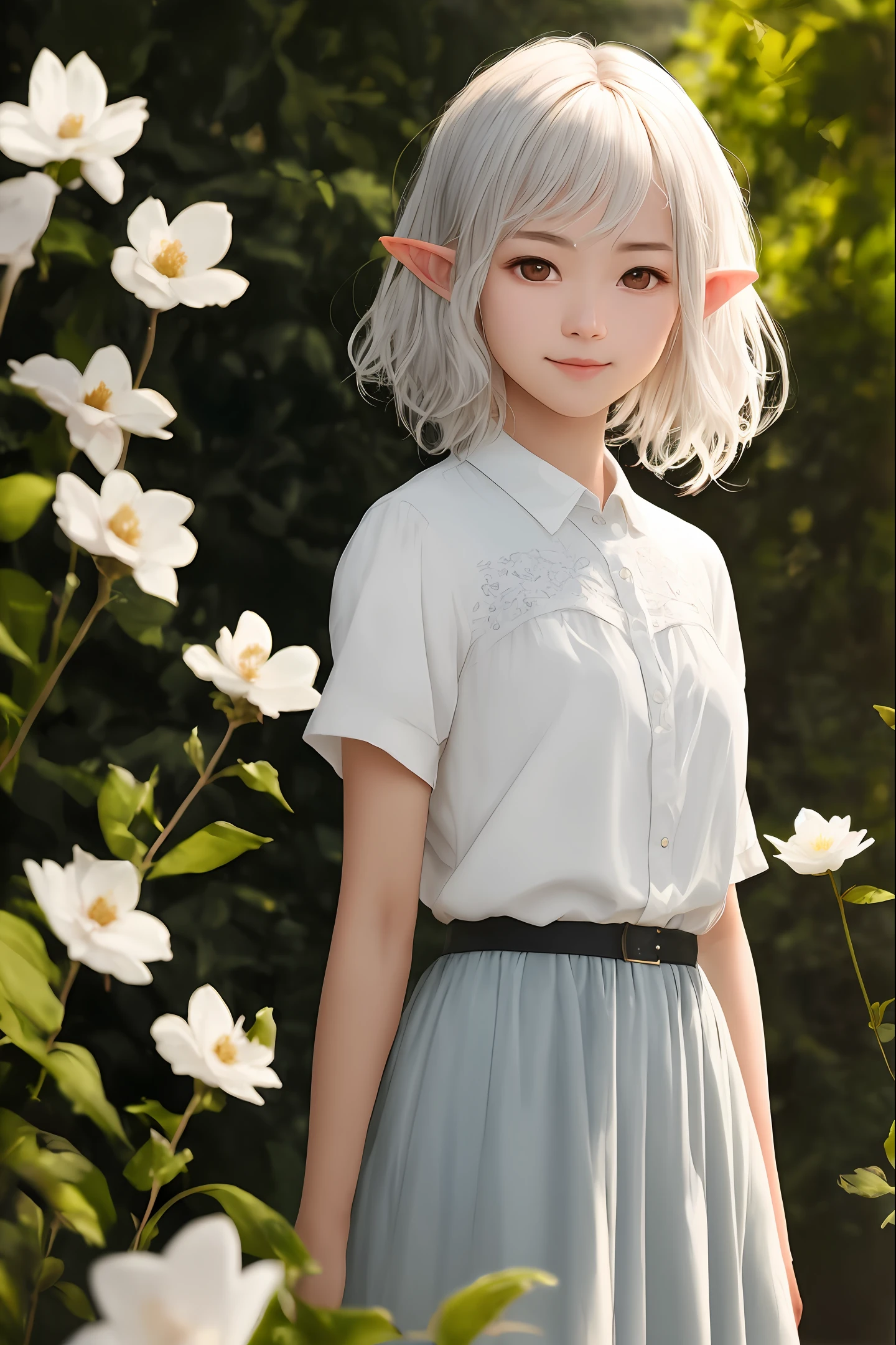 (1) Description of picture quality details:Highest image quality,tmasterpiece,Beautiful CG ,high light,natural soft light,Hyper-realistic,Cinematic lighting texture.
(2) Description of the character's physical characteristics:teens girl,with short white hair,elvish ears,transparent wings,watery big eyes.
(3) Description of the number of characters:1 bit.
(4) Description of the appearance of the character:clothings、Other element descriptions such as behavior:Delicate and intricate hair accessories,Short knee-length skirt,on back,Turn your head and smile.
(5) Scene background description:Withering white petals,Beautiful.