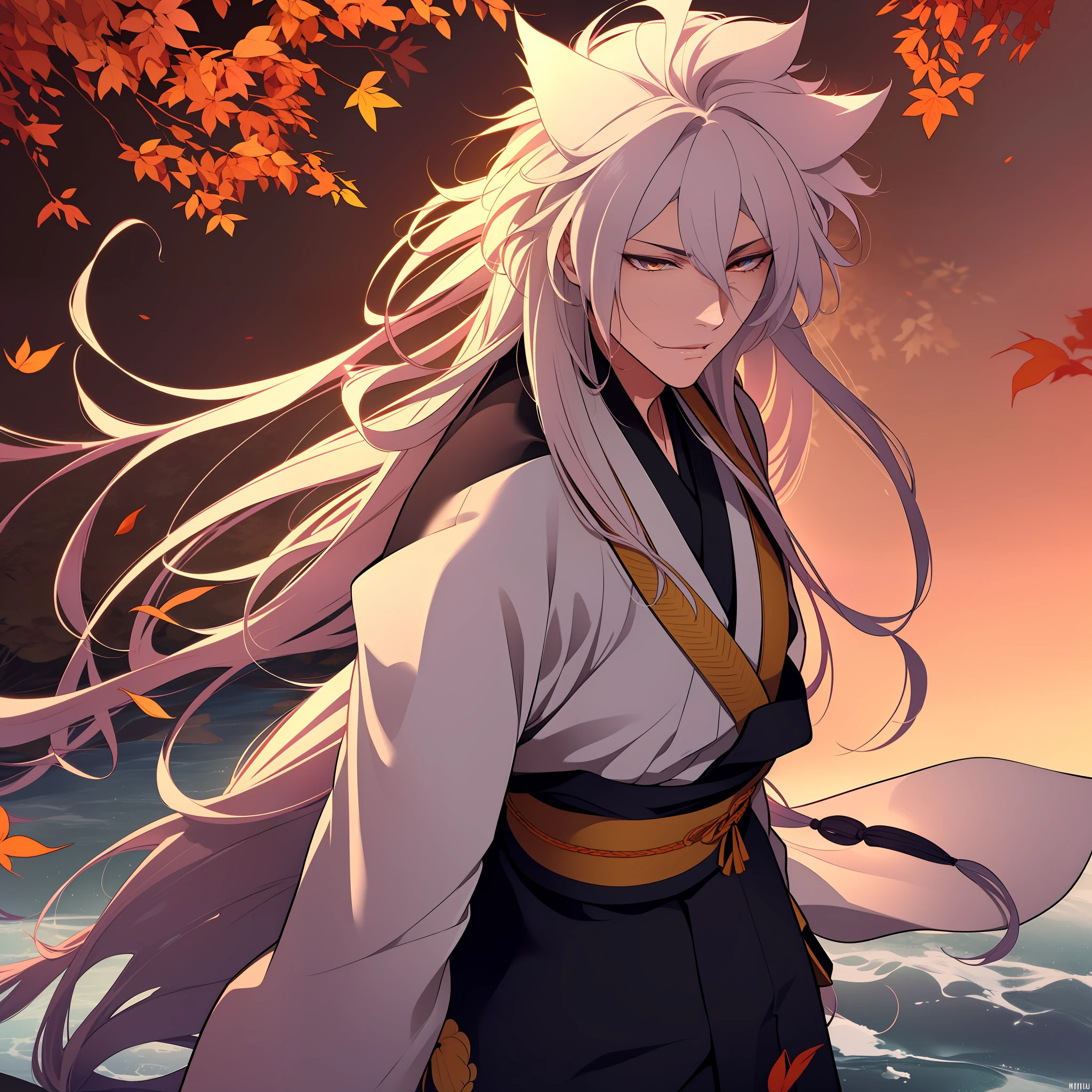 (extremely detailed CG unity 8k wallpaper,masterpiece, best quality, ultra-detailed,an extremely beautiful),(best illumination, best shadow, Kogitsunemaru walking in the forest, swinging his hair, (many whirlwinds of wind blowing leaves near him), he is alone, beautiful milieu, nearby rivers, the sun reflecting in his body)