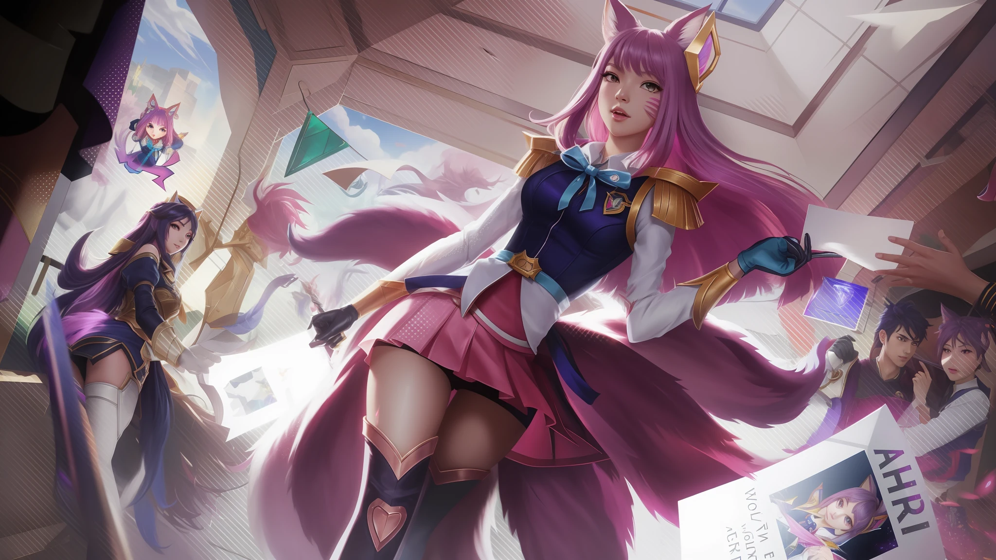 Anime characters are standing in a room with a large screen, Ahri, Retrato de Ahri, Serafim Ahri KDA, Ahri, de League of Legends, Artgerm extremamente detalhado, KDA, raposa nobushi, estilo artgerm, Artgerm Plano, Arte do personagem de League of Legends, de League of Legends, Arte estilo League of Legends