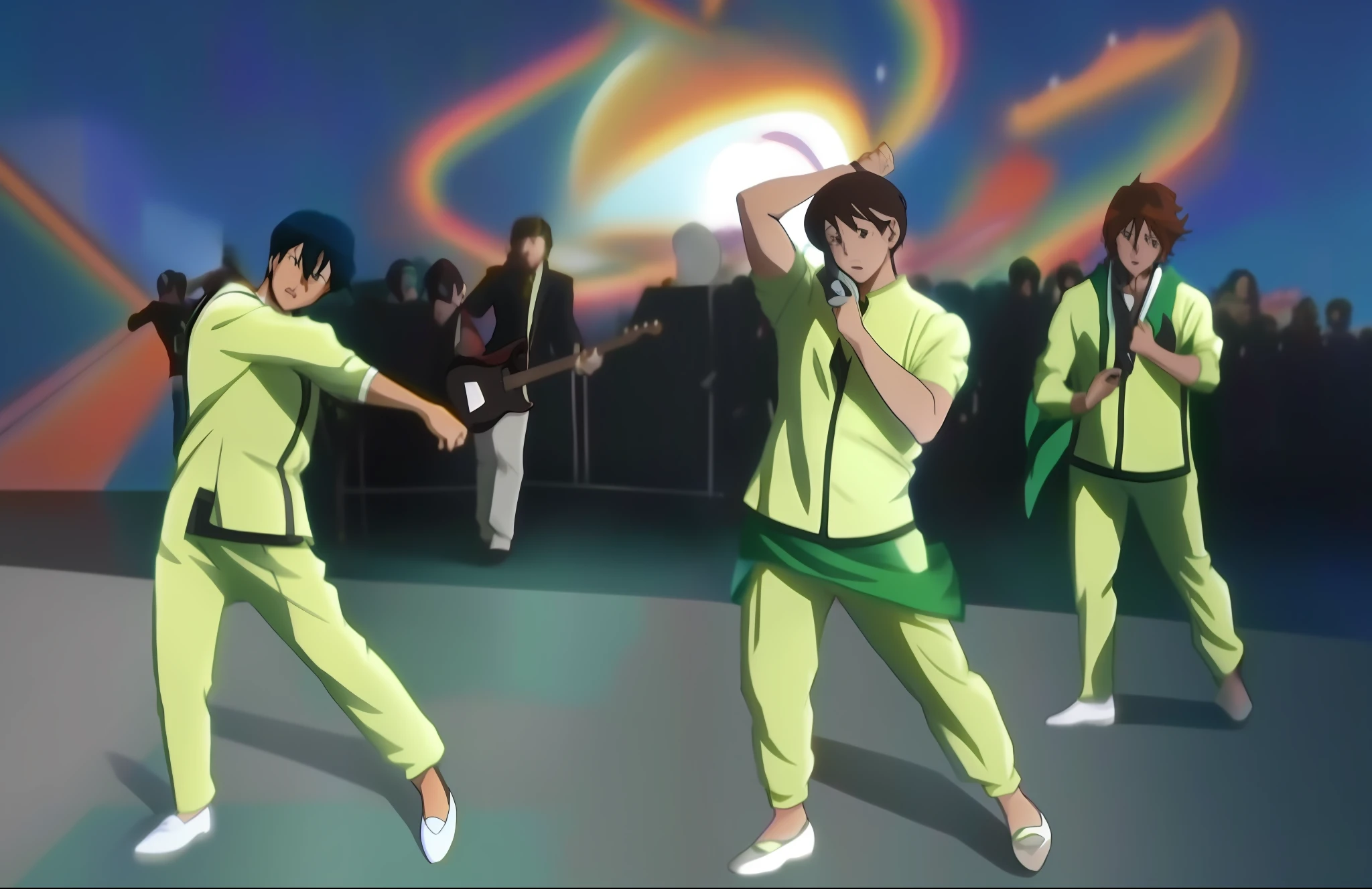 Four people in green suits are performing on stage, Still from TV anime, anime still, 2 0 1 9 anime screenshot, today's featured anime still, anime still film anime shikishi, official studio anime still, official anime still, still from anime, anime still image, sankakucomplex anime image, official fan art, anime movie screenshot