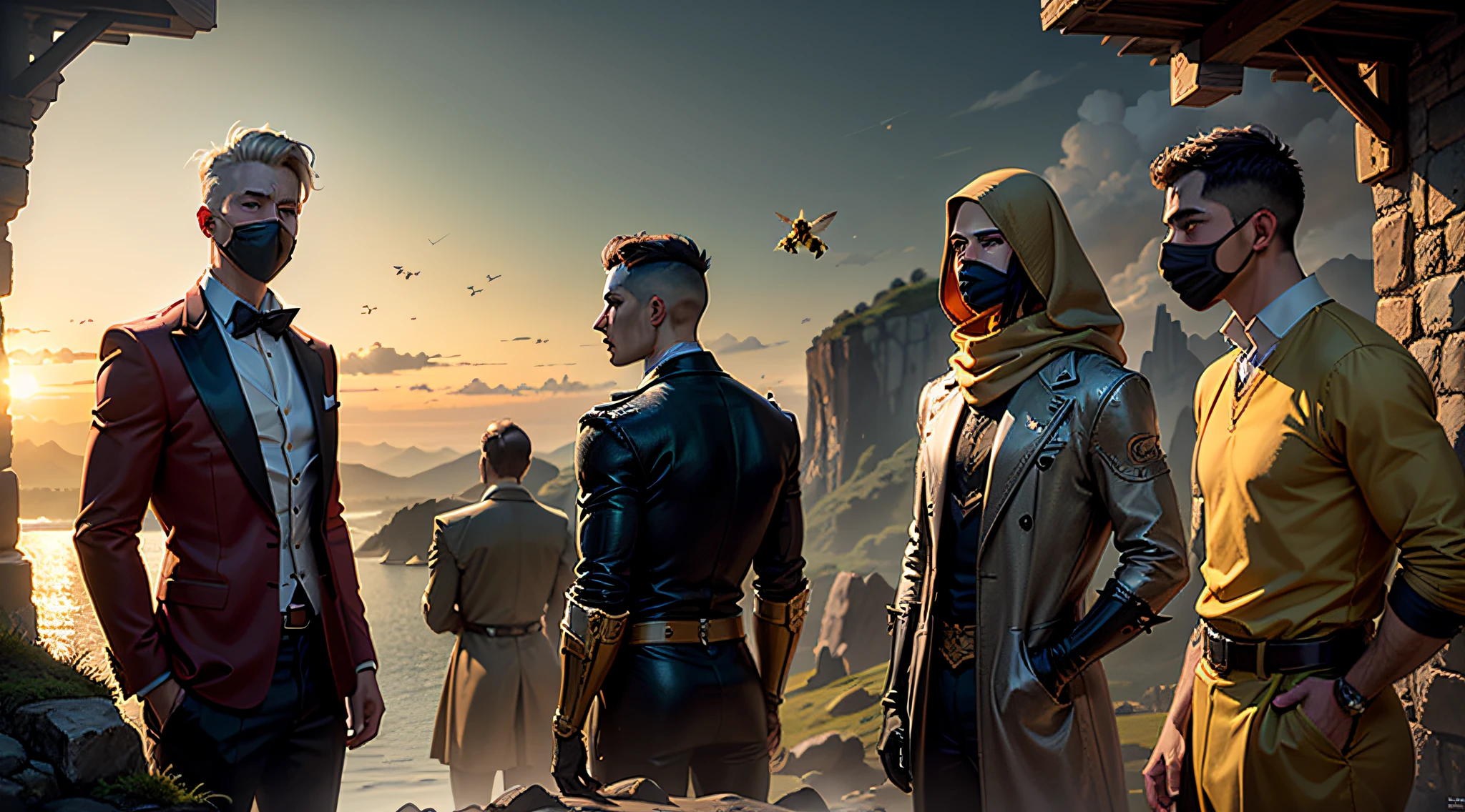 Five handsome men in masks look into the distance from the top of the cliff,The weather is gloomy,A large bee flies in the sky,The scene is grand,The world of poetry,Dawn is approaching,dreamlike scenes,Post-war warmth ,(best qualtiy)(tmasterpiece),From far and near