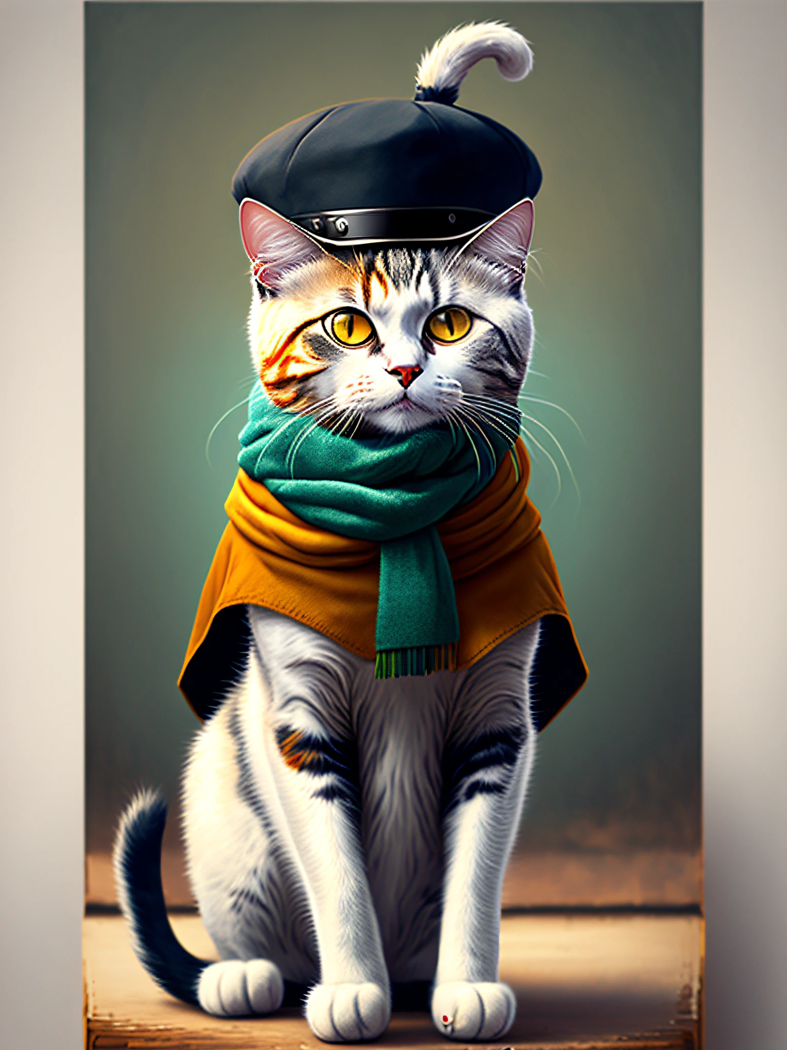 a painting of a cat wearing a hat and scarf, trend in art station, dressed in punk clothing, hyper realistic detailed render, british gang member, urban style, intimidating pose, planet of the cats, trendy clothes, urban samurai, meow, west slav features, 8 1 5