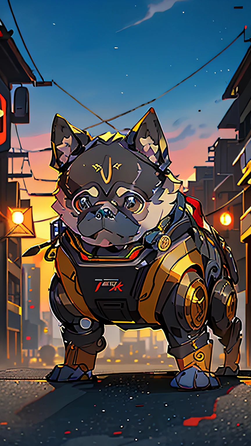 (master part:1.2), (melhor qualidade:1.2), (Ultra Highres:1.2) ,(8K resolution:1.2), Cyberpunk, Mechanical PUG, Pug dourado, olhos castanhos, pequeno, fofo, dog action, fino, corpo inteiro, Cor preta e amarela, Cyberdog,