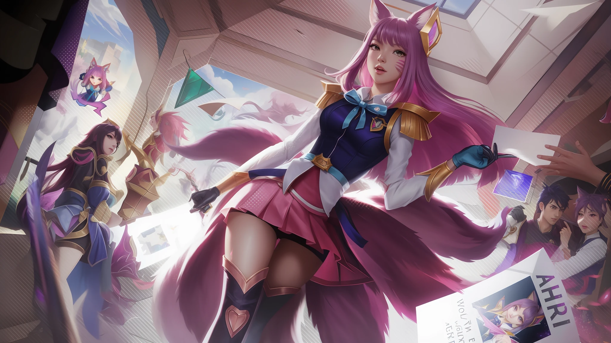 Anime characters are standing in a room with a large screen, Ahri, Retrato de Ahri, Serafim Ahri KDA, Ahri, de League of Legends, Artgerm extremamente detalhado, KDA, raposa nobushi, estilo artgerm, Artgerm Plano, Arte do personagem de League of Legends, de League of Legends, Arte estilo League of Legends