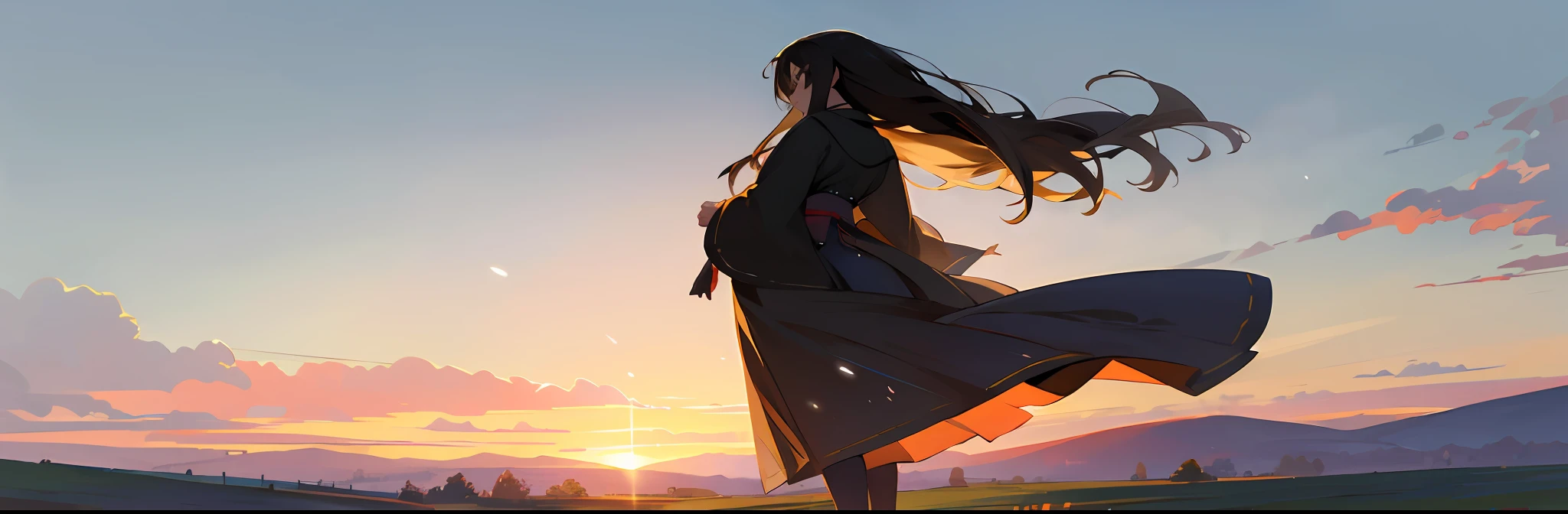 masterpiece, top-quality, The ultra -The high-definition, Top resolution, ighly detailed, pretty skin, Japanese anime, full body Esbian, The whole picture, posterior view, Black eyes, brown haired, looking distantly, a very cute, girl with, long, A dark-haired, straight haired, Meadow at dusk, Hair fluttering in the wind at high altitude, Evening glow, Longer dress