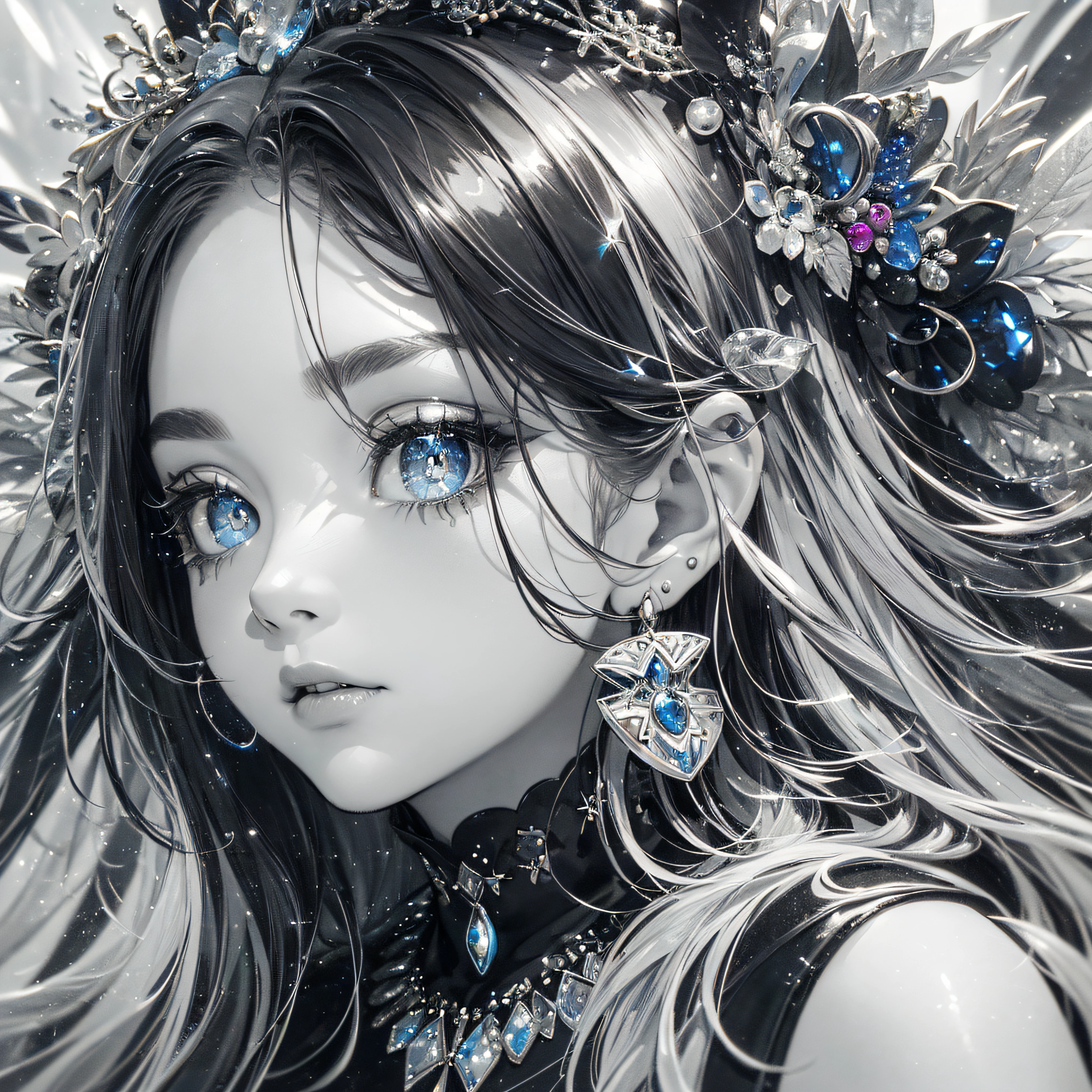 (Best Quality:1.3),4K,8K,8K Portrait,16 K,(masutepiece:1.2),1girl in,Solo,(maximalism:1.7),(Selectioncolormonochrome:1.8),(monochrome color:1.8),(grayscales:1.8),ultra-detailliert,absurderes,(very detailed beautiful face and eyes:1.3),
(Highly detailed beautiful hair:1.3),delicate composition,
Super cute girl,Long hair,(sapphire eyes:1.5),(Black hair:1.5),(wearing black dress:1.5),(Jewelry Hair Ornaments:1.6),(Head Leasing:1.6), Sun in your eyes,
The world of your eyes,
All with your eyes,
(jewelry eyes:1.3),(Eyelashes:1.2),(symbol in eyes:1.3),(hight resolution, Twinkle,Glitter,Lens Flare,light Particle,Shining:1.3),(Lori:1.8),(Cute:1.8),(Colorful:1.5), Blooming light effect,
Watercolor style, soft blending, fluid colors, dreamy washes, delicate textures, organic shape, atmospheric depth,
Watercolor Wash, Translucent layer, Delicate blends, Fluid Textures, Subtle shades, organic shape, poetic atmosphere,