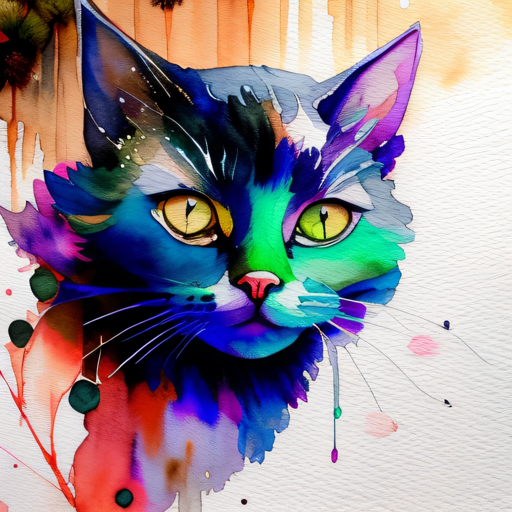 wtrcolor style, Digital art of (cat character), official art, frontal, smiling, masterpiece, Beautiful, ((watercolor)), face paint, paint splatter, intricate details. Highly detailed, detailed eyes, [dripping:0.5], Trending on artstation, by Rachel Walker