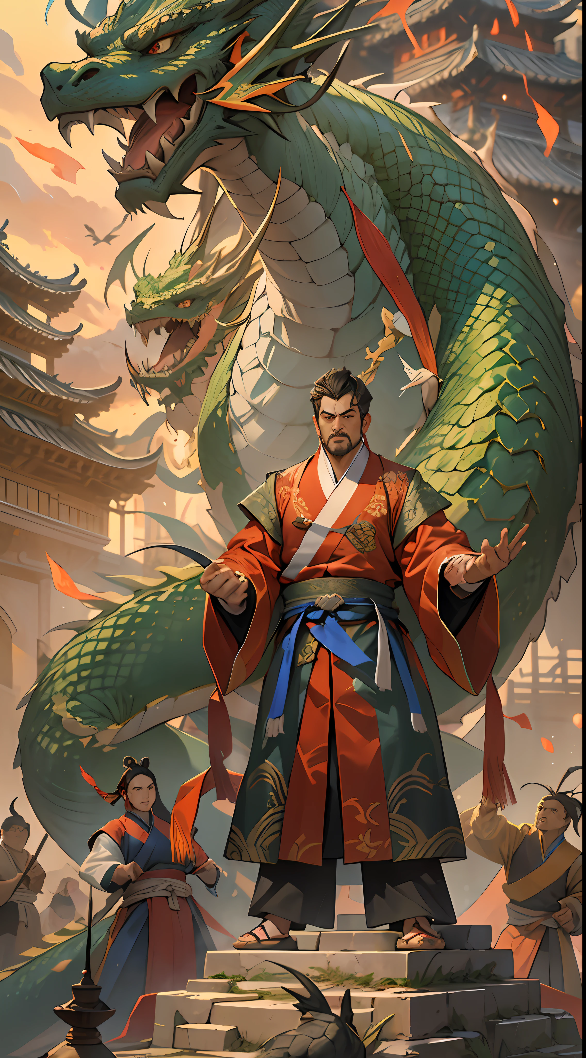 A tall man stood in the square of Dragon Kingdom, exuding a powerful aura. He arrogantly lifted his foot and stepped on Yuan Jie, showcasing his unparalleled strength. The entire square trembled, and the audience was amazed, greatly appreciating Li Gu's display of immense power. , 32k, best quality, masterpiece, super detail, high details,