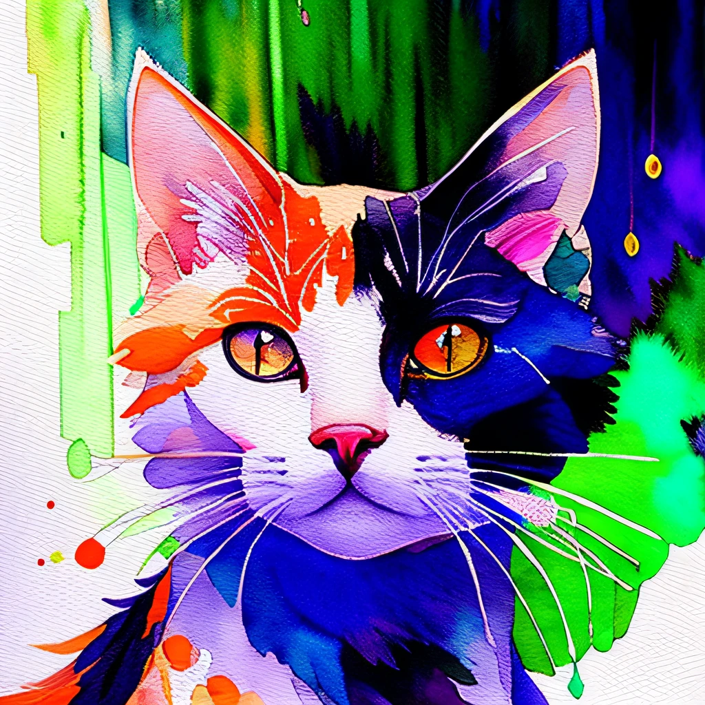 wtrcolor style, Digital art of (cat character), official art, frontal, smiling, masterpiece, Beautiful, ((watercolor)), face paint, paint splatter, intricate details. Highly detailed, detailed eyes, [dripping:0.5], Trending on artstation, by Rachel Walker