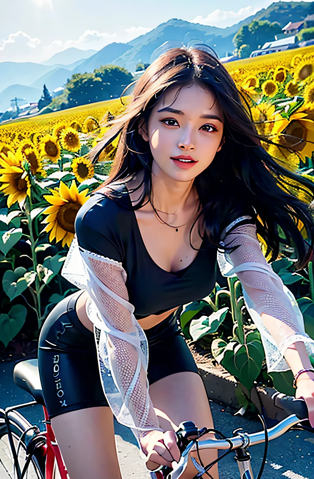 best qualtiy、masterpiece、photoRealstic、intricate-detail、Raw foto、Photon Rendering、Octane Rendering、absurderes、ultra-detailliert、A detailed face、Detailed skin、Trending in art stations、8K Masterpiece、lighting like a movie、( (1girl in))、((独奏) ))、CG Social Trends、Plastic En、((Black Long Hair))、((Beautuful Women))、(A smile)、Upper teeth、Fashionable、summer clothing、Hair that flutters in the wind、((Flowing hair))、fashion magazine、A sexy、((lighting like a movie))、((Riding a bike))、((blue-sky))、((Sun flower))、Sunflower field、stroll