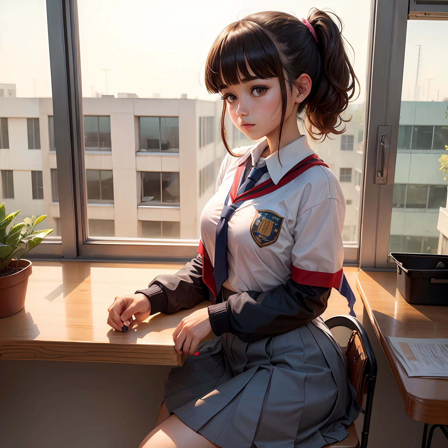 Bazi bangs, cute, youth, school goddess, first love, brunette ponytail, ball head, school uniform --auto