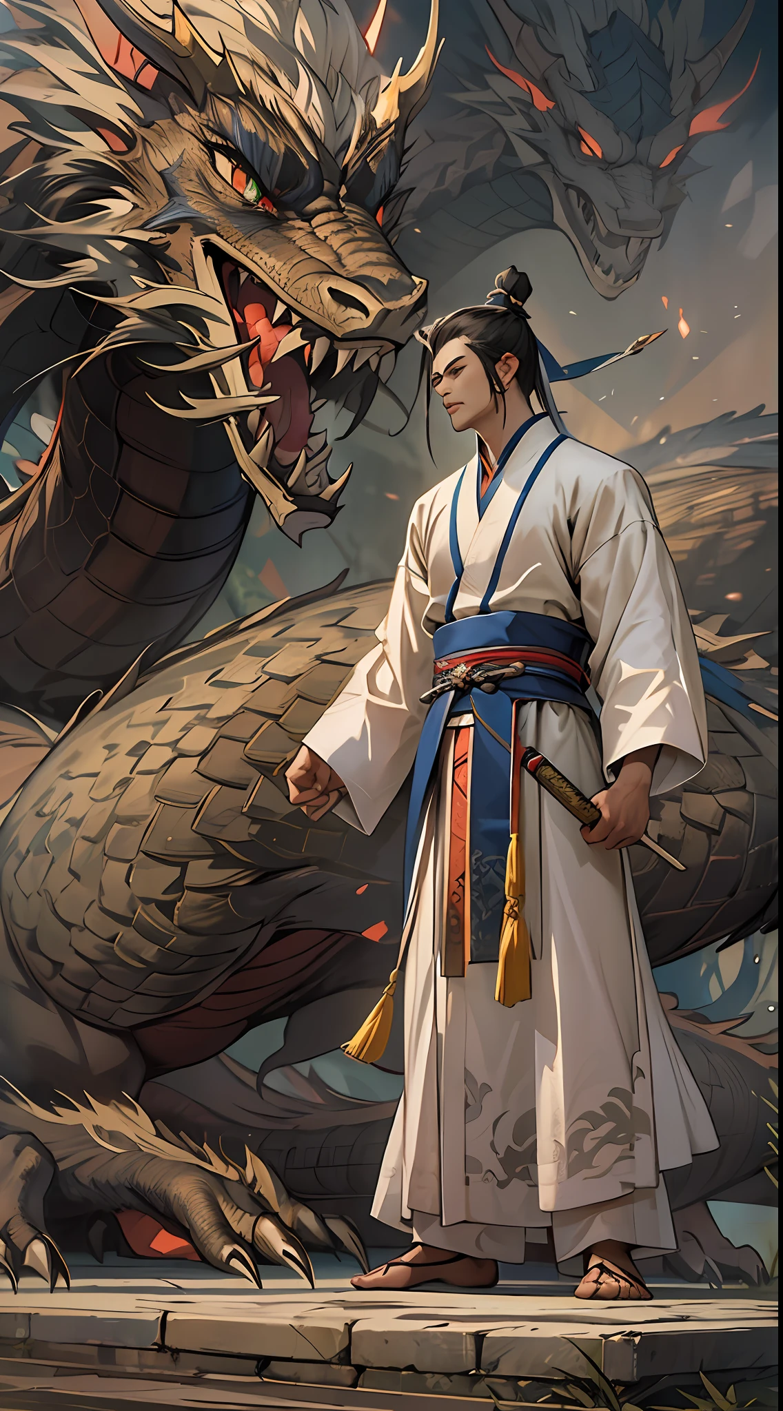 A tall man stood in the square of Dragon Kingdom, exuding a powerful aura. He arrogantly lifted his foot and stepped on Yuan Jie, showcasing his unparalleled strength. The entire square trembled, and the audience was amazed, greatly appreciating Li Gu's display of immense power. , 32k, best quality, masterpiece, super detail, high details,