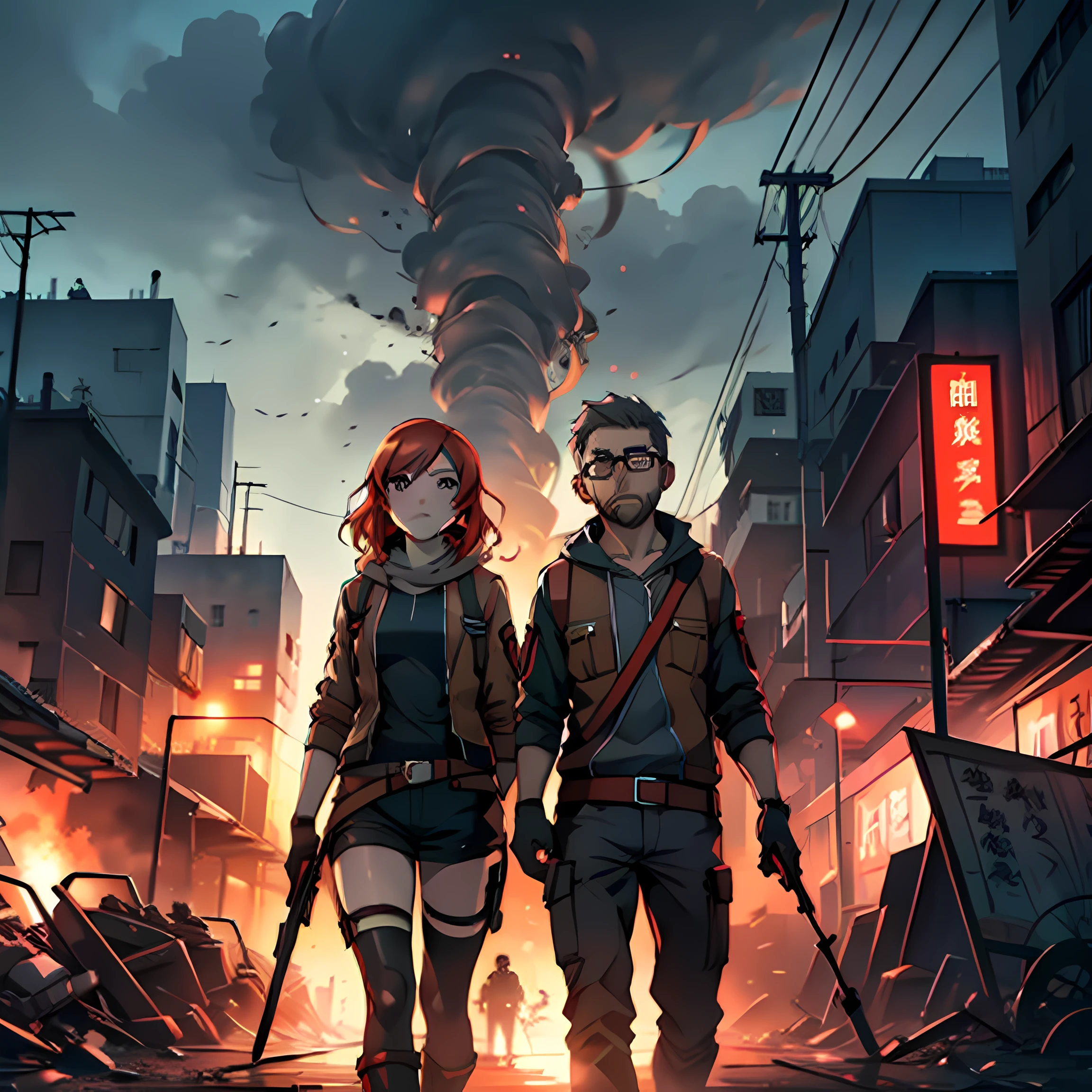 Nishikino Maki and Gordon Freeman in an apocalyptic gray city