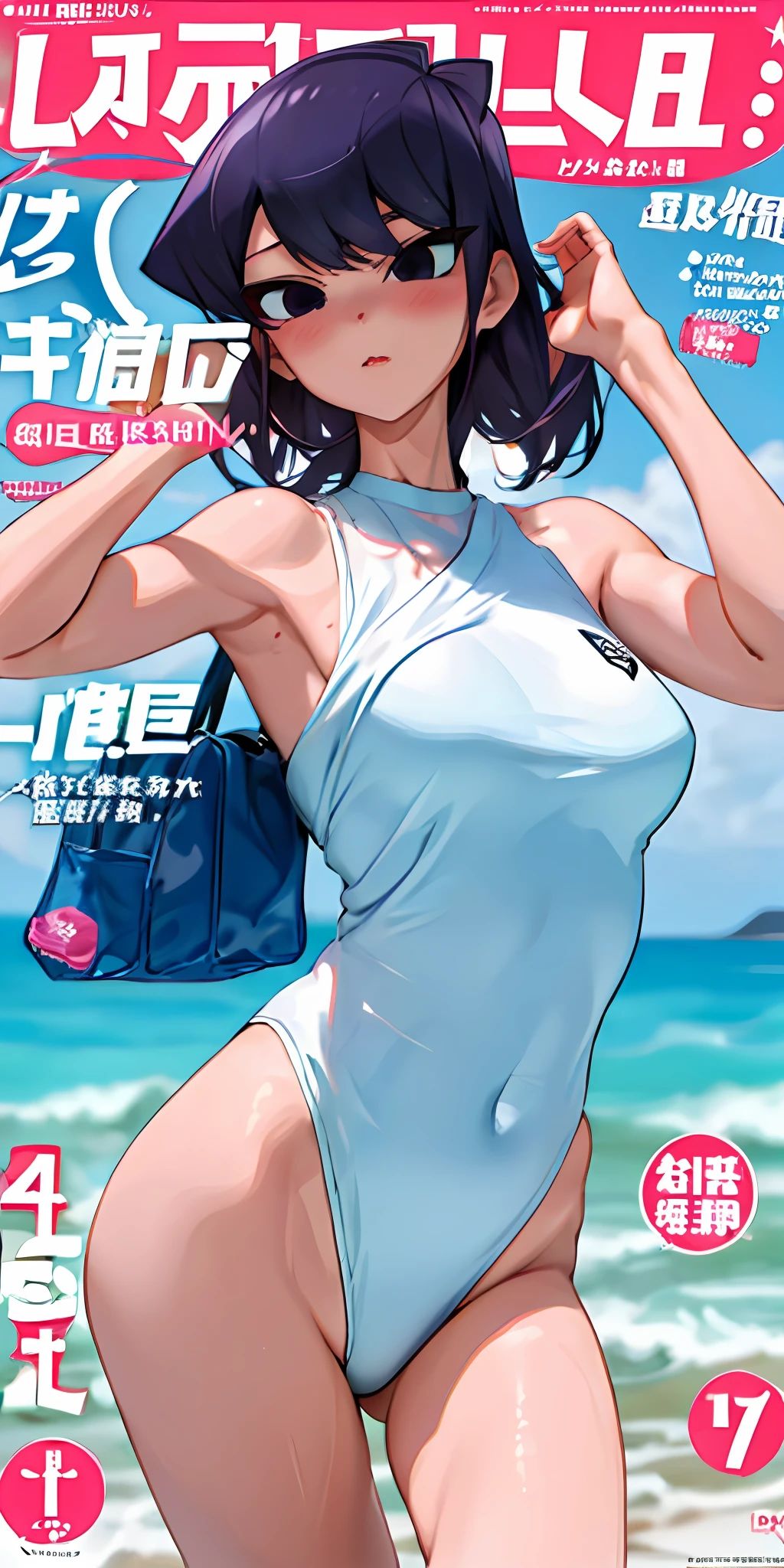 komi shouko,Hanging bag erotic underwear，A MILF，Slim and healthy body shape，D-cups，Pink and rosy skin，exposing her chest，Exposing the abdomen，Naked，Gym girl,Fleshy thighs，Comic cover style，Comic title，adolable，Ocean park