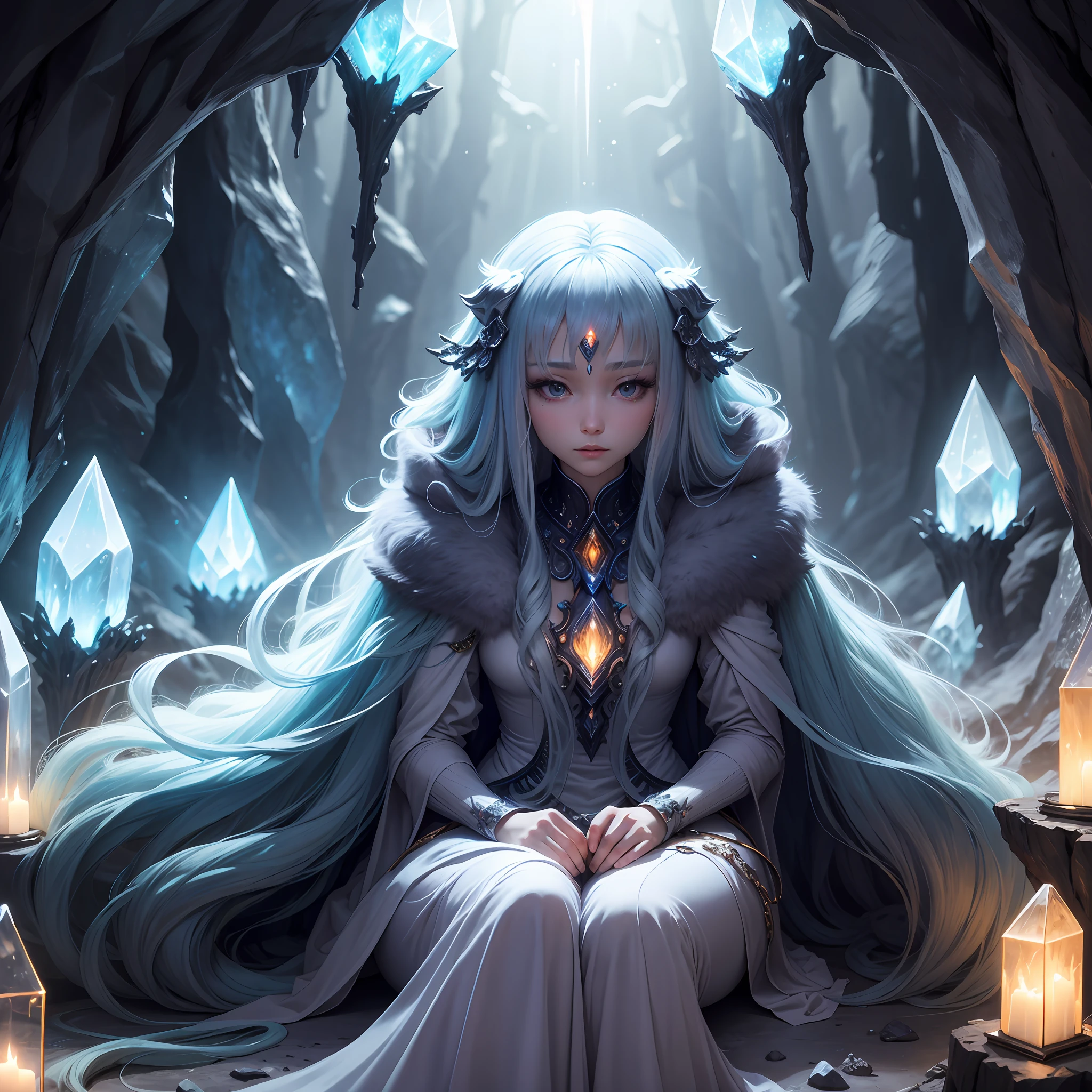 In the crystal cave,Usually beautiful、ellegance、Long-lived humanoid creatures,cold shades,Works of masters，Best image quality，higher details，超高分辨率，Ambient lighting， --auto